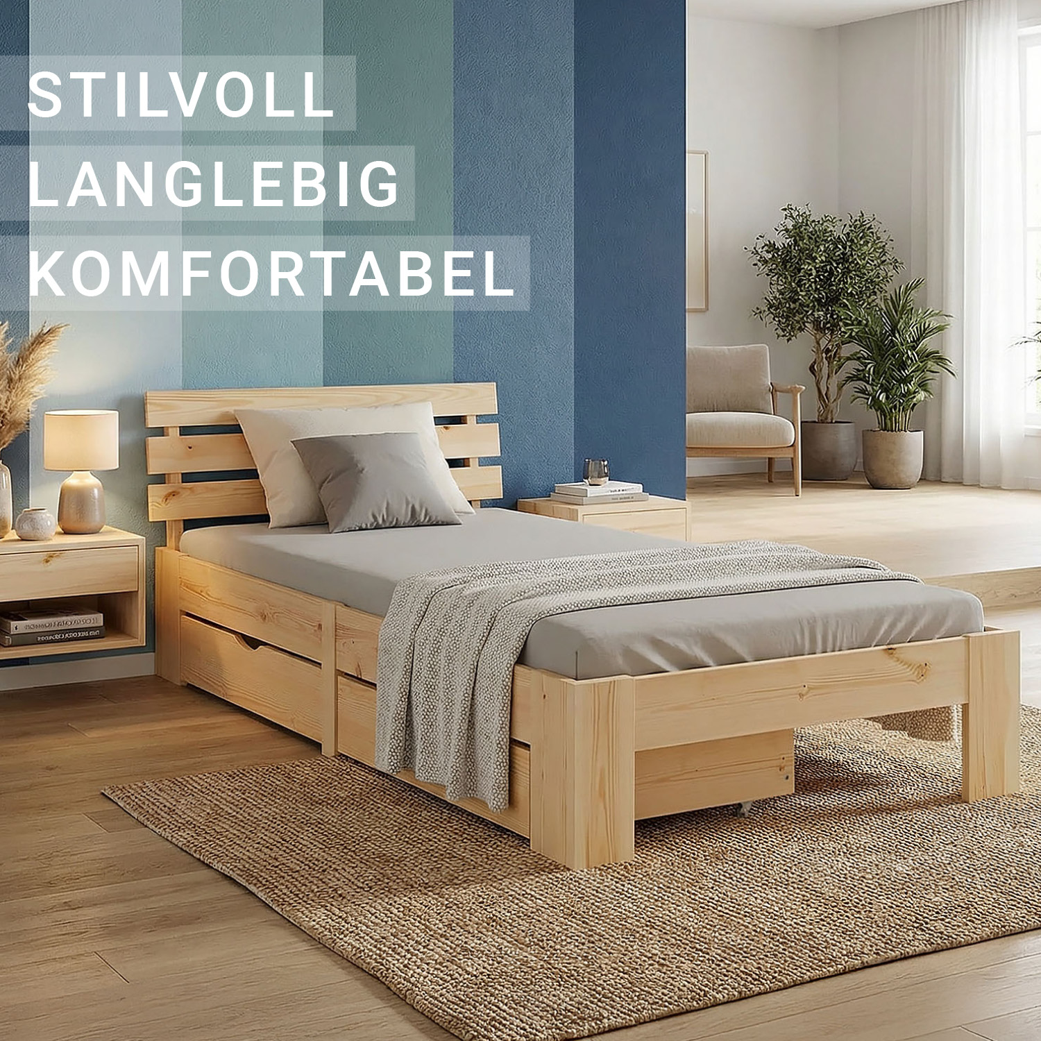 Wooden Bed 90x200 cm, Natural | Single Bed with 2 Underbed Drawers | Incl. Slatted Base | Solid Wood | Child, Teen & Guest Bedroom