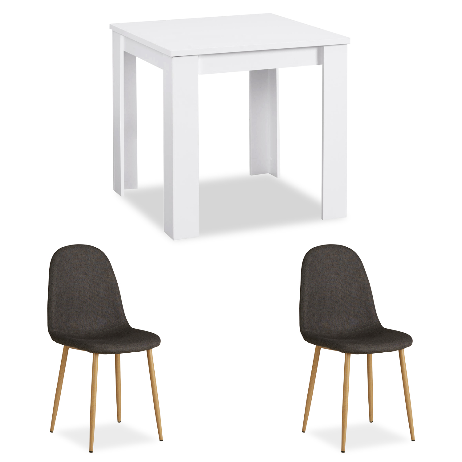 Essgruppe in Anthrazit und Weiß mit Holzelementen. Die beiden Stühle stehen gegenüberliegend an einem quadratischen weißen Tisch. Eine Vase mit Blumen und dekorative Wandbilder ergänzen die eingerichtete Essplatzszene.