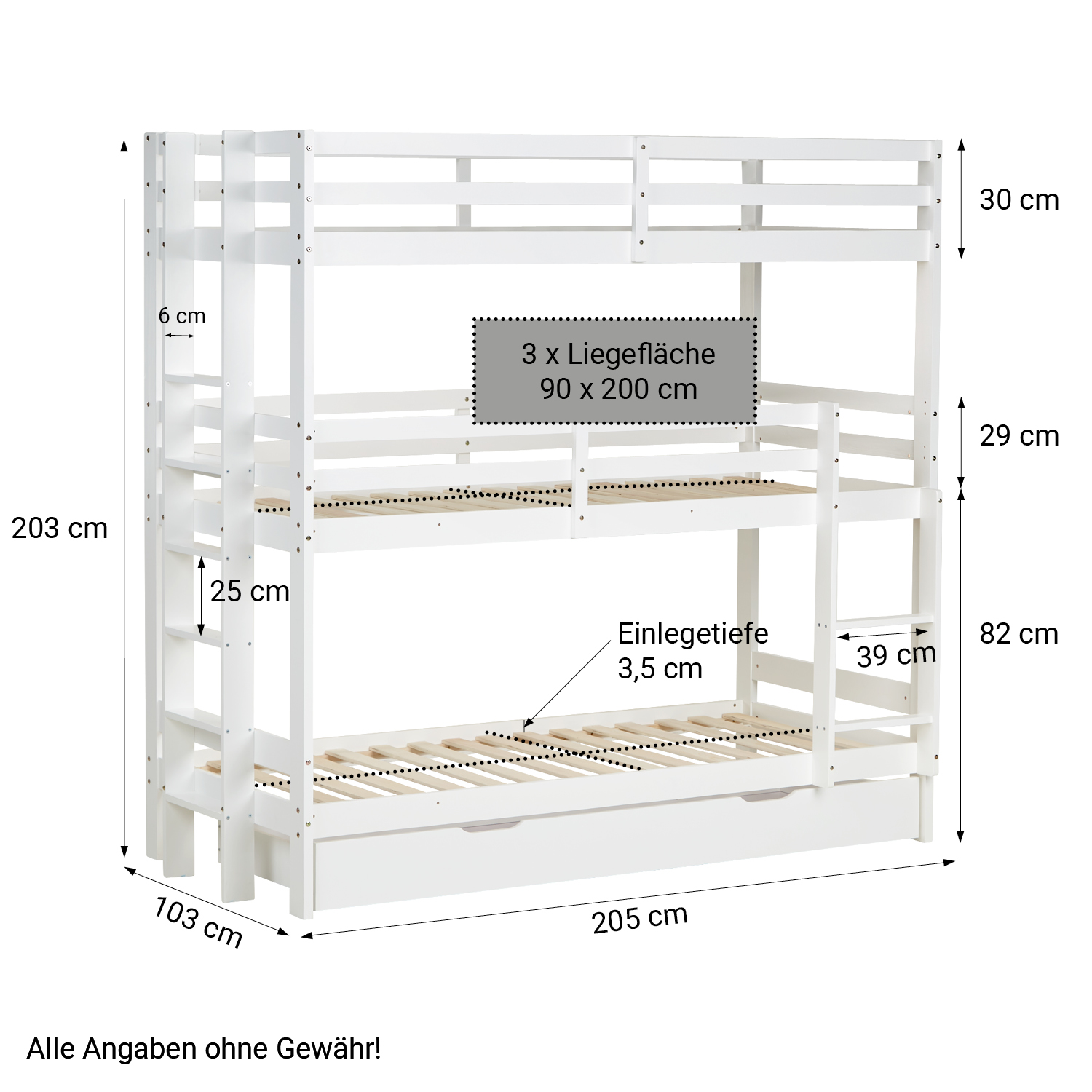 Kinderbett Etagenbett 90x200 cm Dreifachbett Hochbett mit Bettkasten Weiß Holz