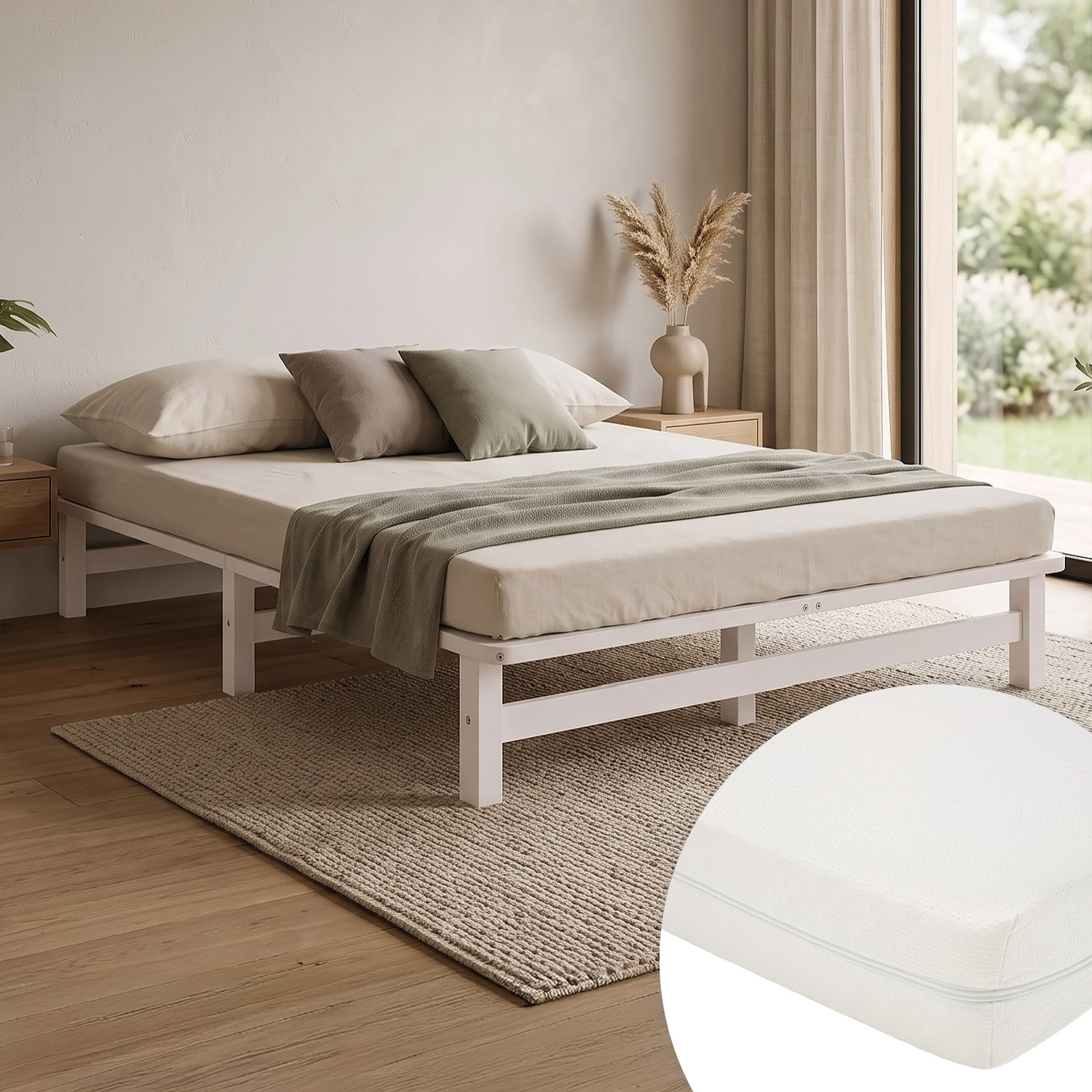 Pallet Bed 140x200 cm White – Wooden Double Bed with Mattress & Slatted Base for Teen Rooms, Guest Rooms, and Bedrooms