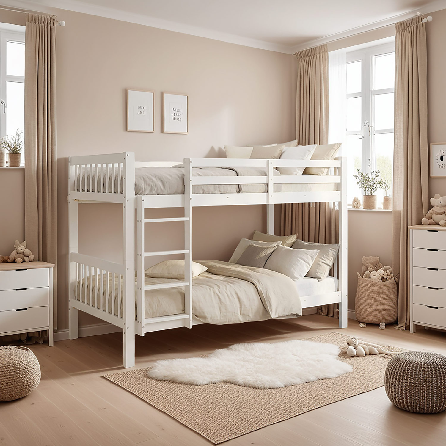 Bunk Bed 90x200 cm White | Kids Bed with Mattress | Fall Protection | Convertible | Massif pine wood