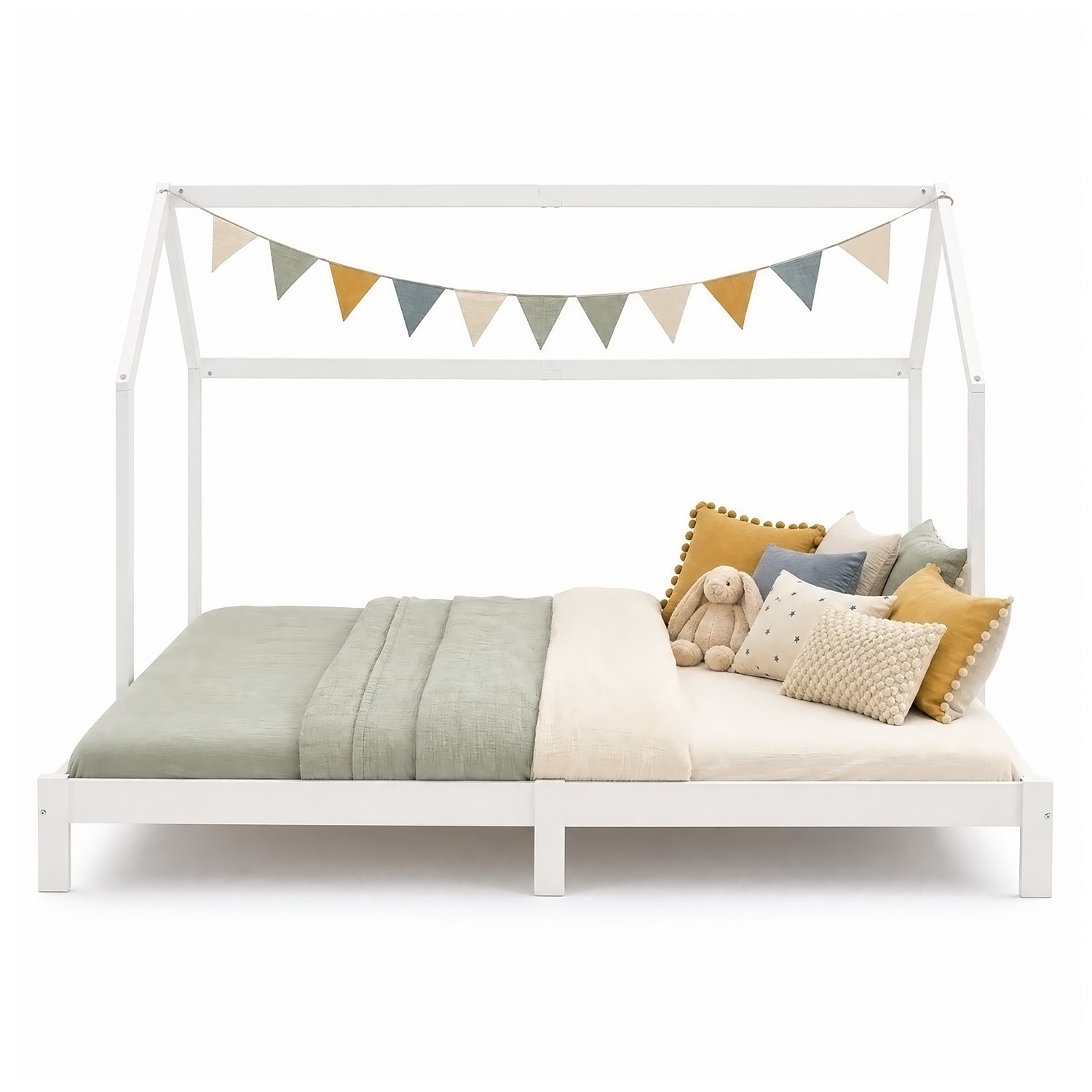 Children's Bed with Pull Out Bed 2 Mattresses 90x200 cm House Bed Treehouse Bed Children's Single Bed Wooden Frame White Trundle Bed Slats