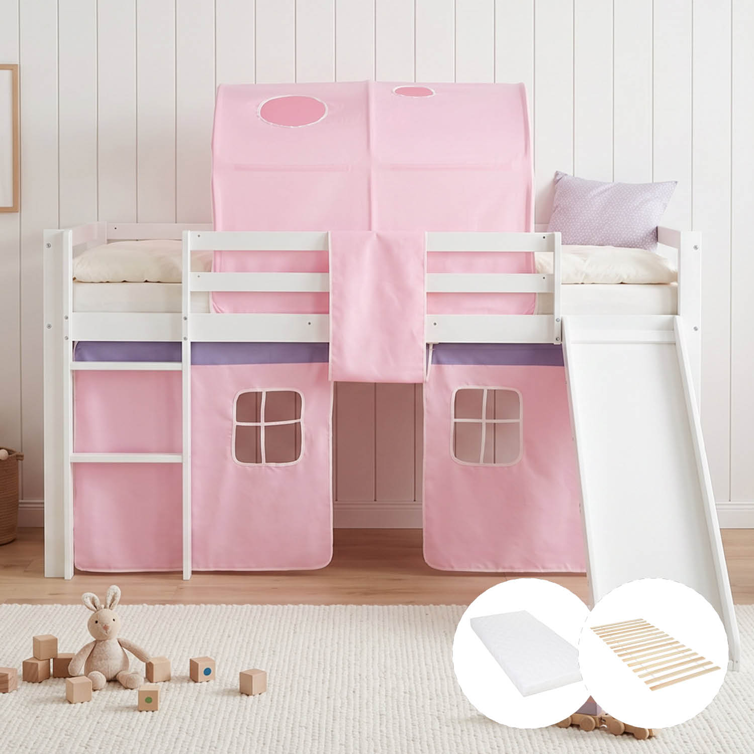 Children's Loft Bed 90x200 cm White with Pink Curtain | Slide | Tunnel | Includes Slatted Base | Includes Mattress