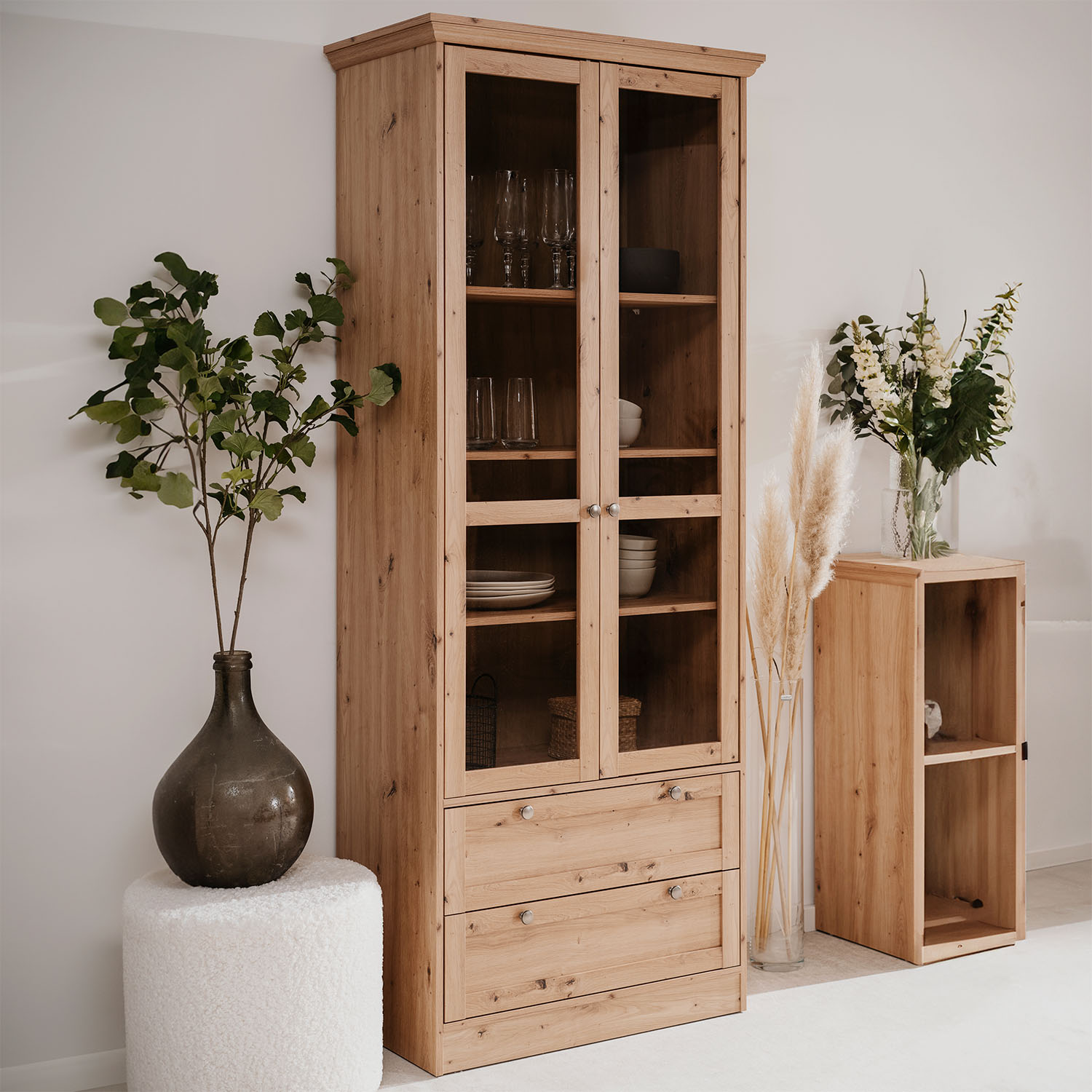 Showcase Highboard Wood Oak Cabinet with compartments Living room Cupboard Country Style