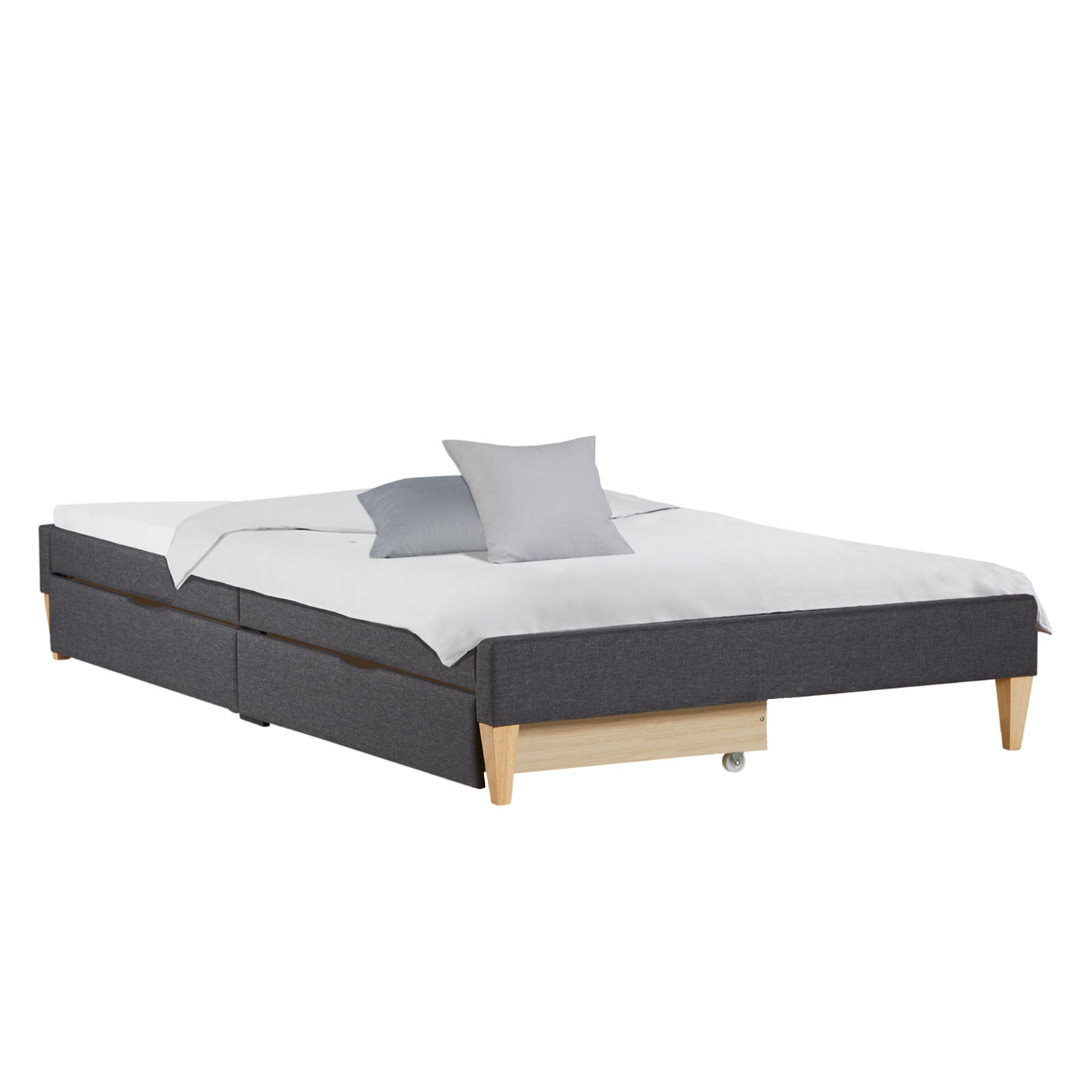 Upholstered bed 90x200 cm grey | futon bed | with slatted frame | with mattress | with 2 bed drawers | single fabric bed frame