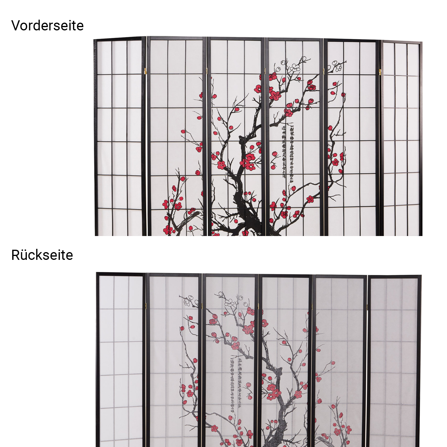 Paravent Black Cherry Pattern | Rice Paper White | 6-panel | Wood | Room Divider Partition Privacy Screen