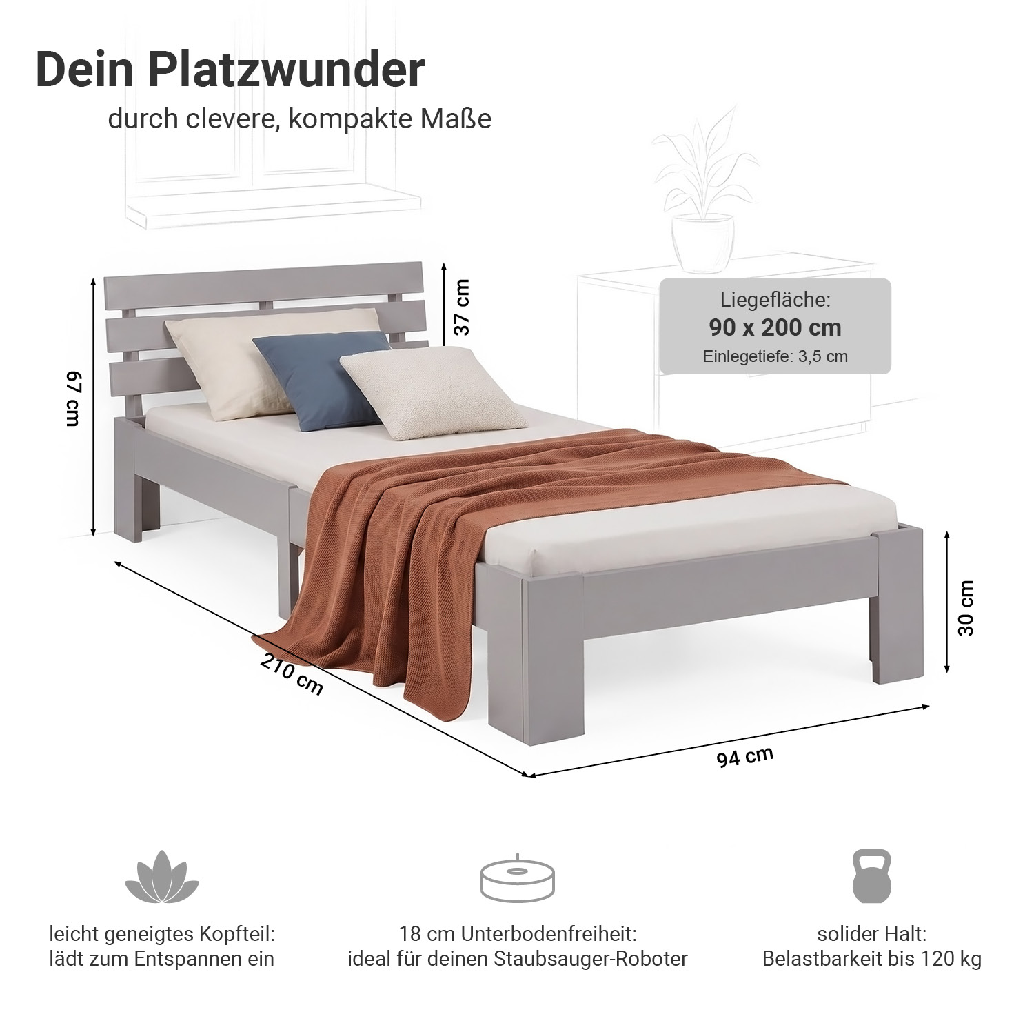 Wooden Bed 90x200 cm Gray | Single Bed | With Slatted Base | Solid Wood | Children's, Teen, or Guest Bedroom