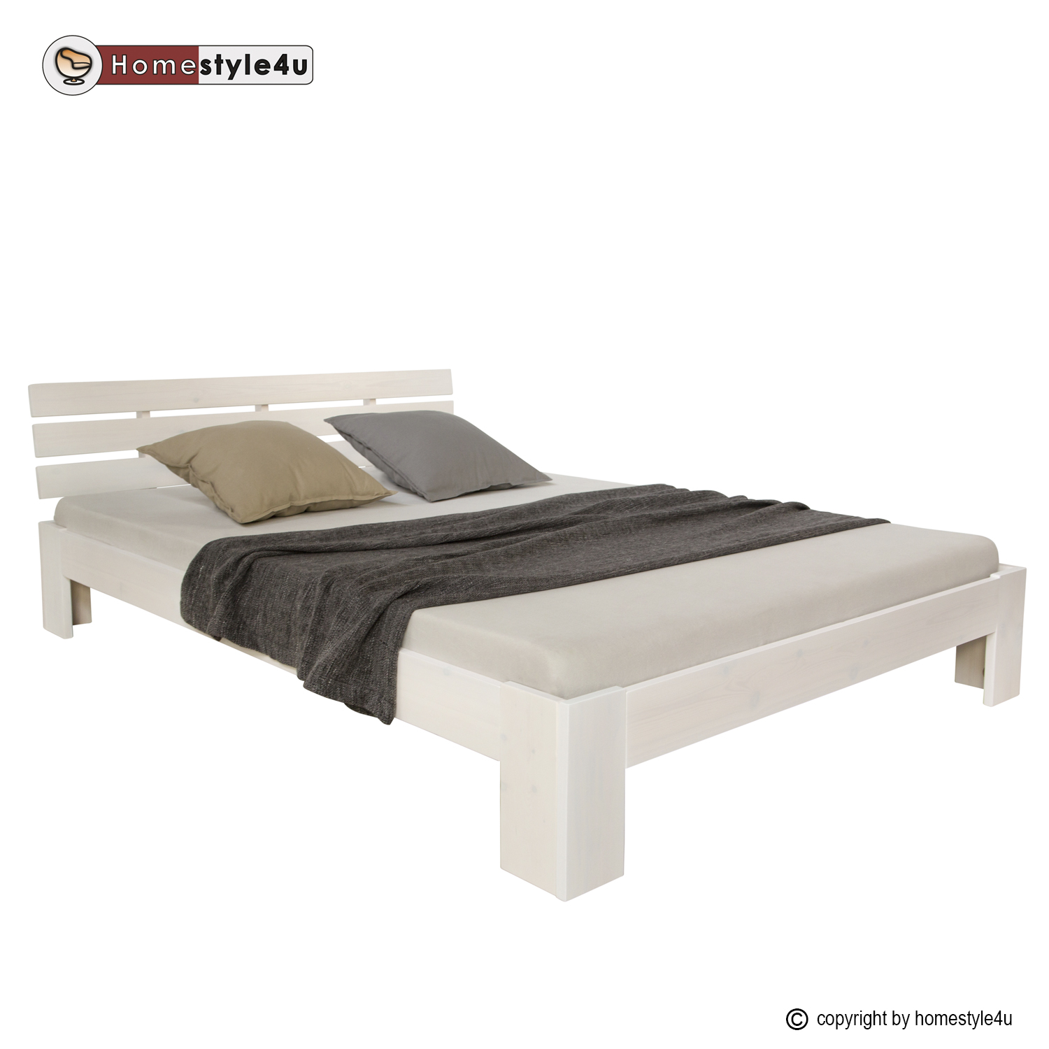 Wood Bed 160x200 cm White | Double Bed | with Slatted Frame | Solid | Kids Youth Guest Bedroom
