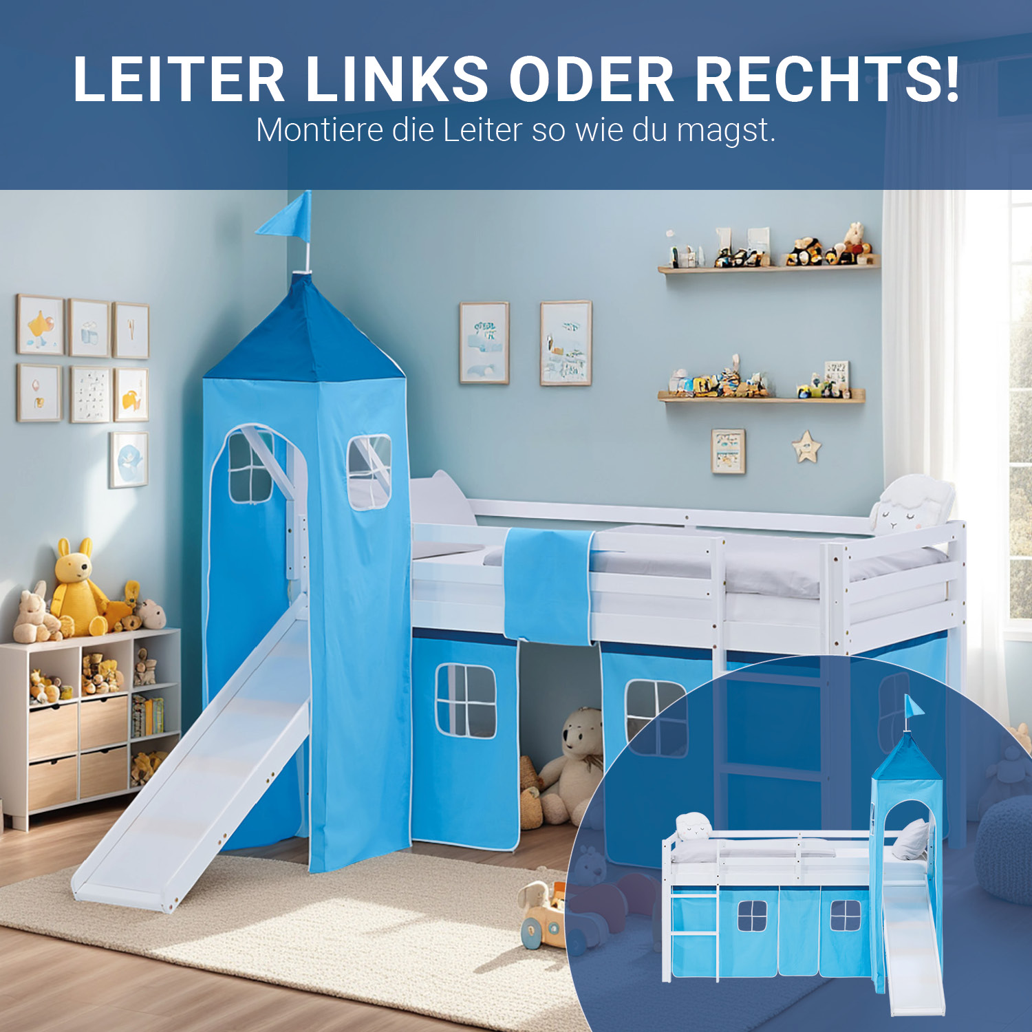 Loft Bed for Kids 90x200 cm White with Curtain in Blue | Slide | Tower | with Slatted Frame
