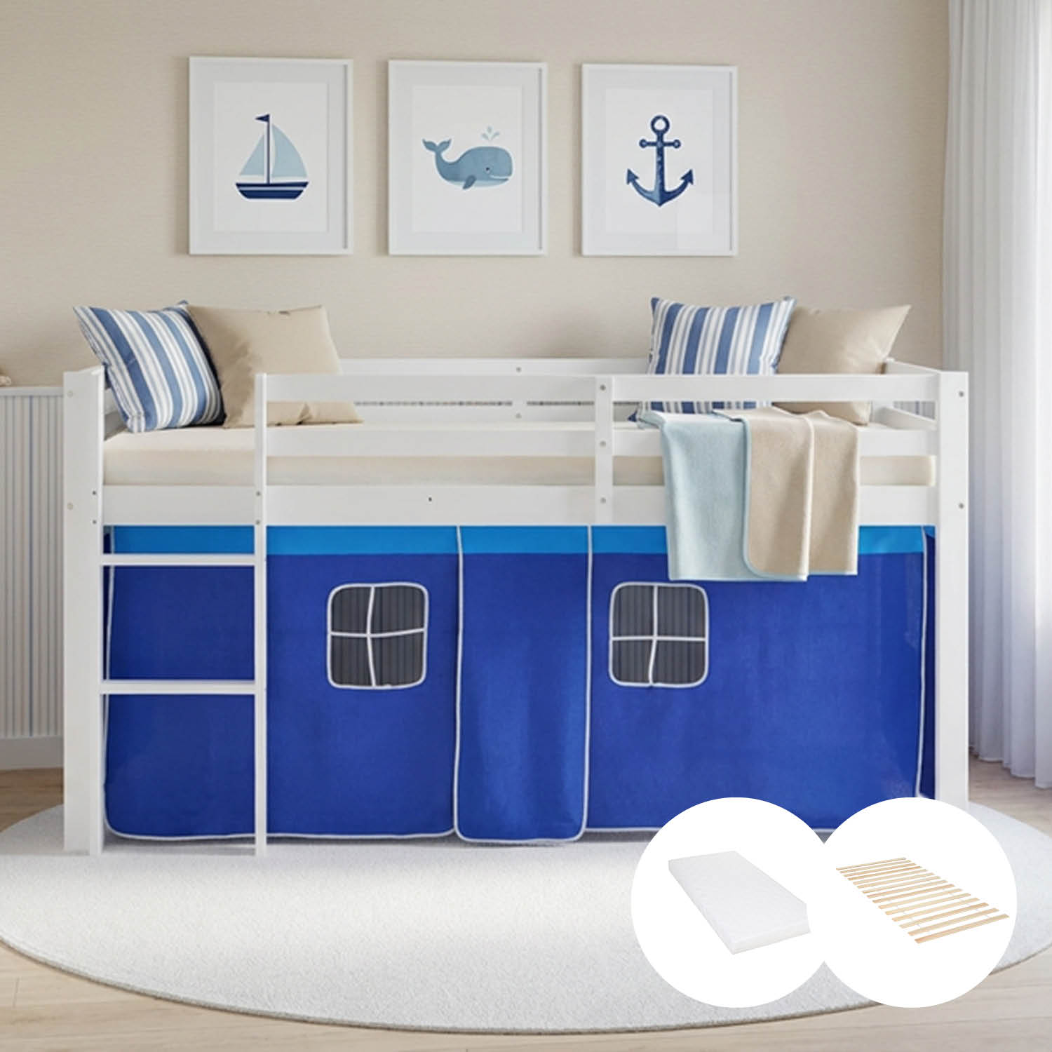 Children's Loft Bed 90x200 cm White with Blue Curtain | Includes Slatted Base | Includes Mattress