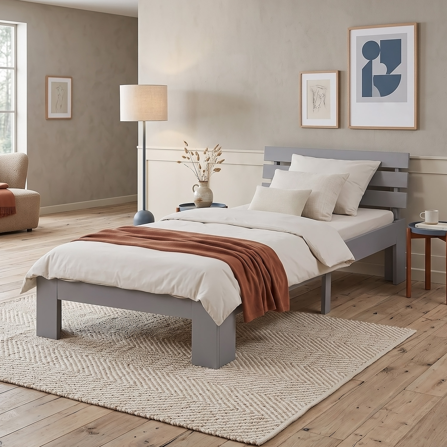 Wood Bed 90x200 cm Grey | Single Bed | with Mattress | Solid | Kids Youth Guest Bedroom