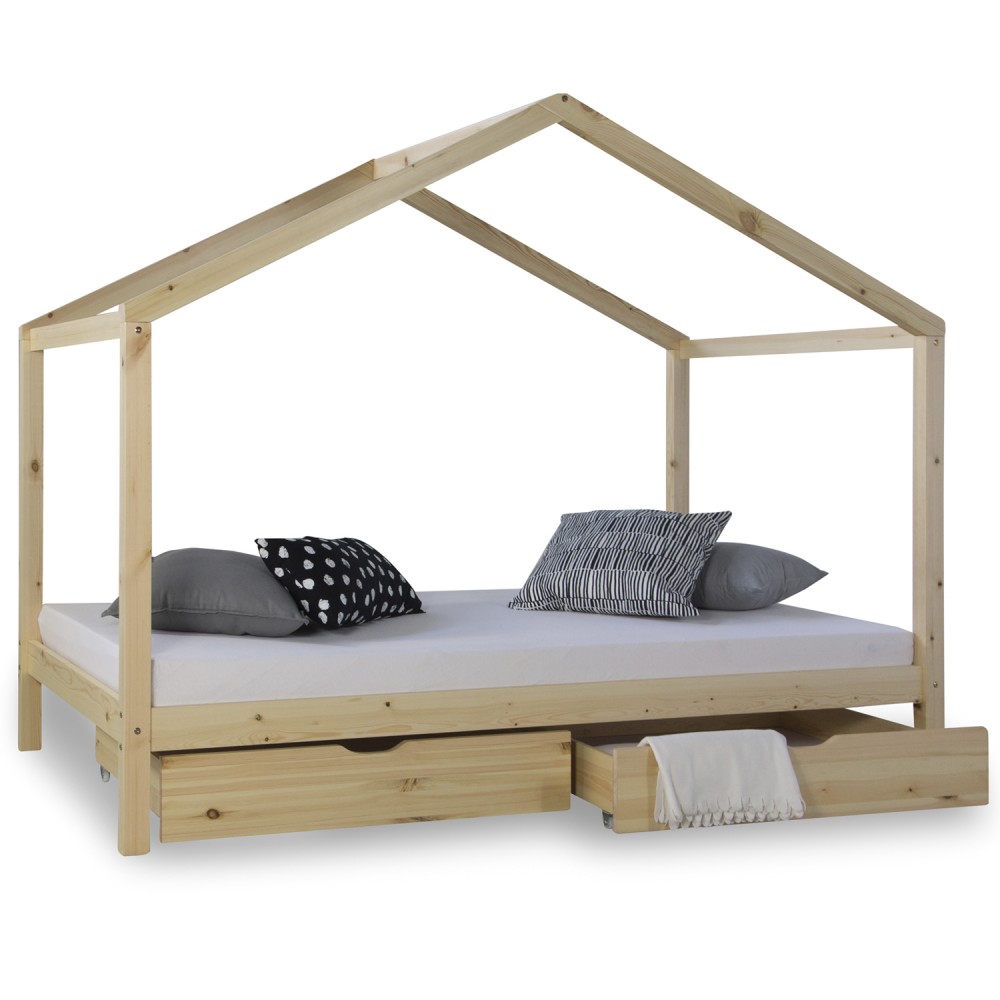 Children's Bed 90x200 cm Natural | House Bed with Drawers | Single Bed | with Slatted Frame | Wood Children's Bed 90x200 cm Natural | House Bed with Drawers | Single Bed | with Slatted Frame | Wood