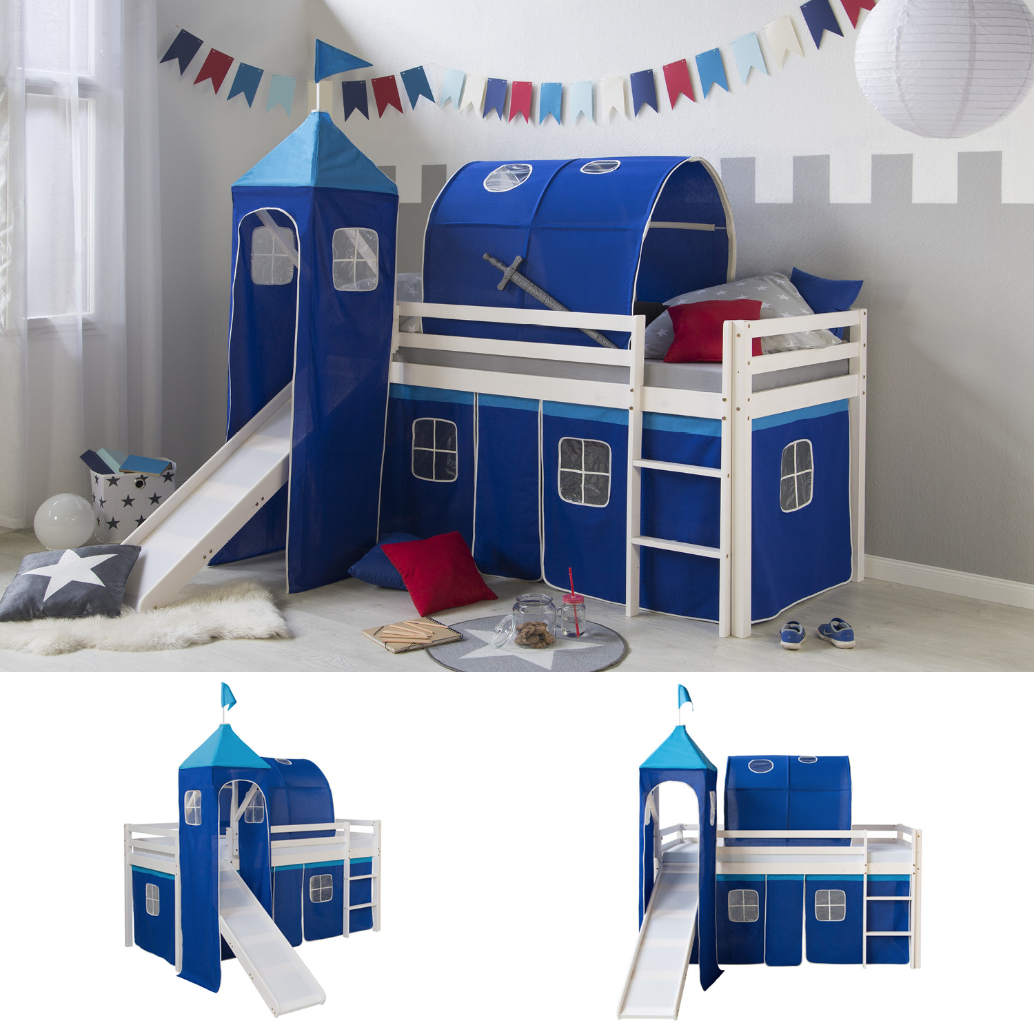 Loft Bed Kids 90x200 cm White with Curtain Blue | Tunnel | Tower | Slide | without Slatted Frame