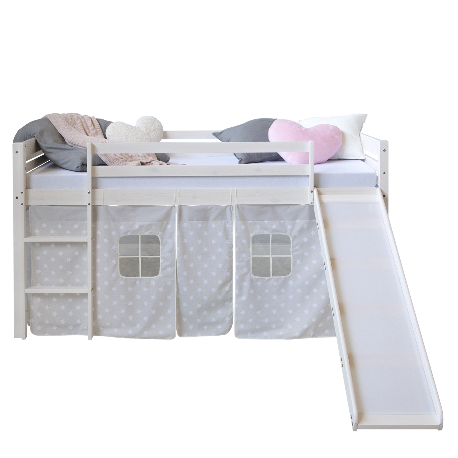 Loftbed with Slide 90x200 cm Matelas Bunk bed Childrens bed Solid Pine Wood Curtain Grey Stars Slats