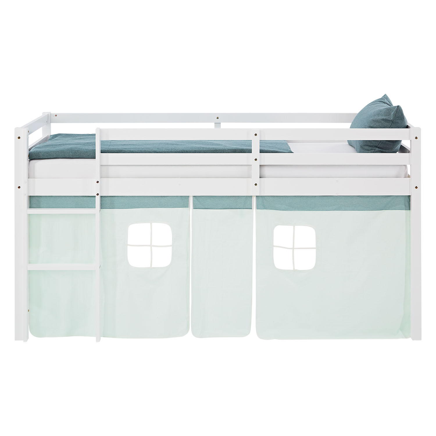 Children's Loft Bed 90x200 cm White with Mint Green Curtain | Includes Slatted Base and Mattress