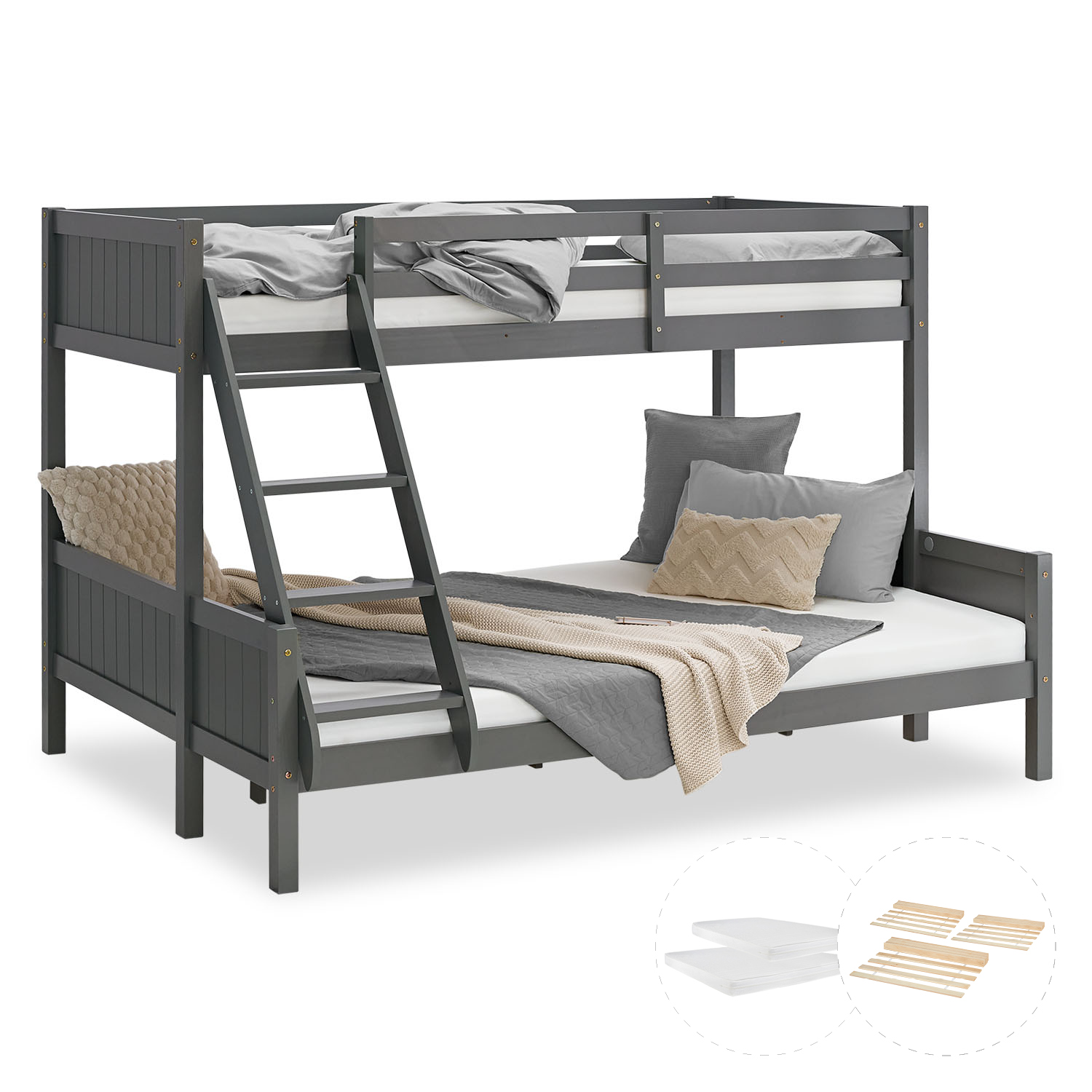 Bunk Bed with 2 Mattresses 90x200 and 140x200 cm Kids Bed Grey Wood Cabin Bed High Sleeper Bed Loft Bed Childrens Bed Twin Bed