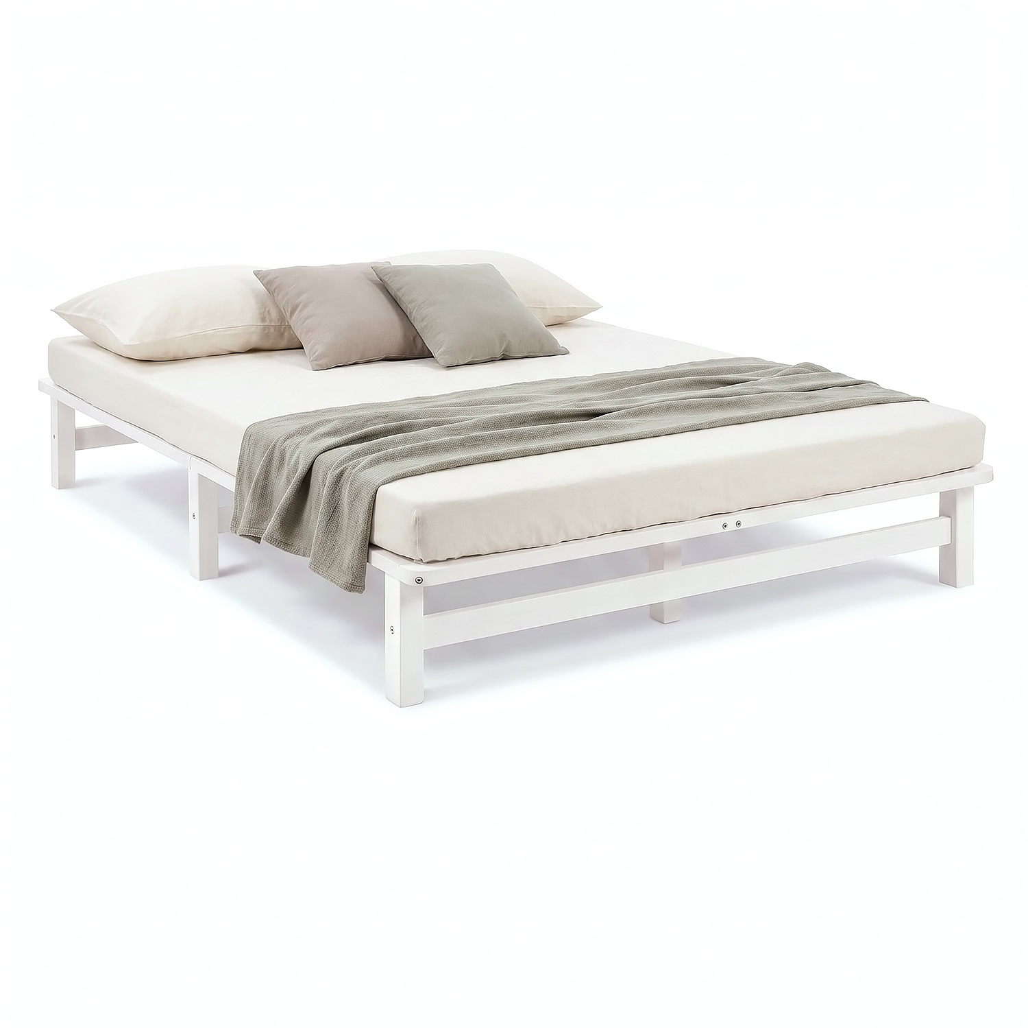 Pallet Bed 140x200 cm White – Wooden Double Bed with Mattress & Slatted Base for Teen Rooms, Guest Rooms, and Bedrooms