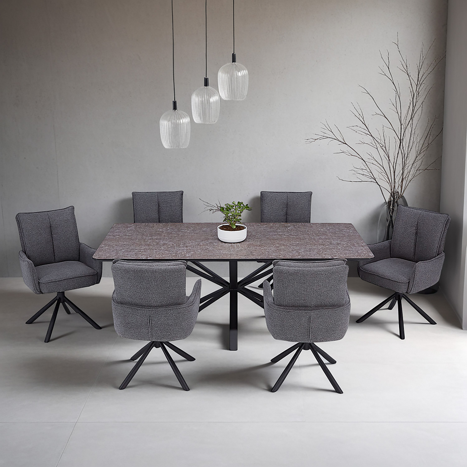 Dining set | 6-piece set upholstered chairs anthracite with armrest | swivel | dining table brown metal frame 200 x 100 cm