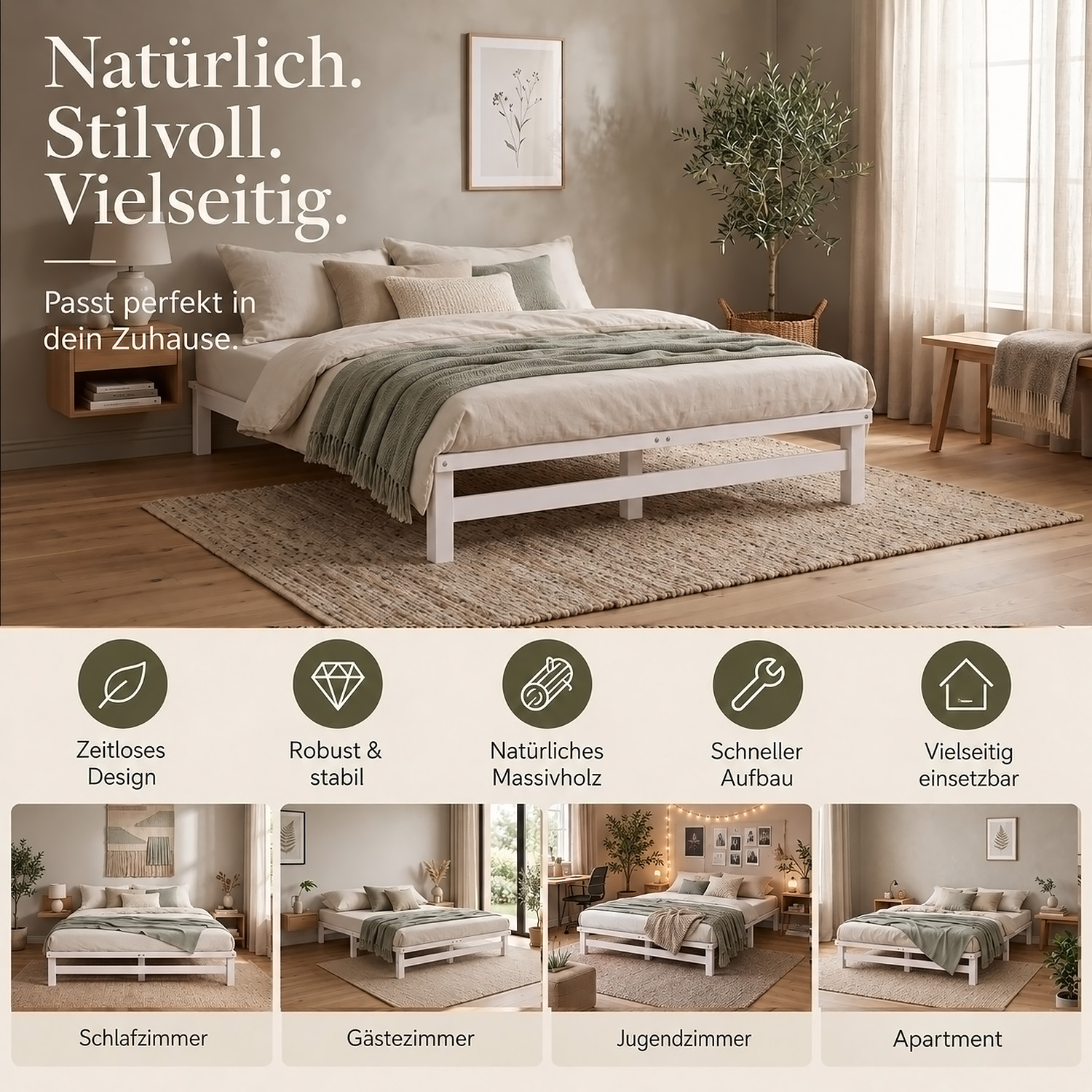 Pallet Bed 140x200 cm White – Wooden Double Bed with Mattress & Slatted Base for Teen Rooms, Guest Rooms, and Bedrooms