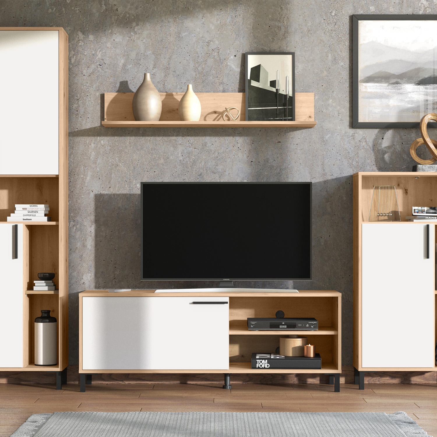Modern living room unit 4 part cupboard set wall unit wood oak white TV set with storage entertainment center