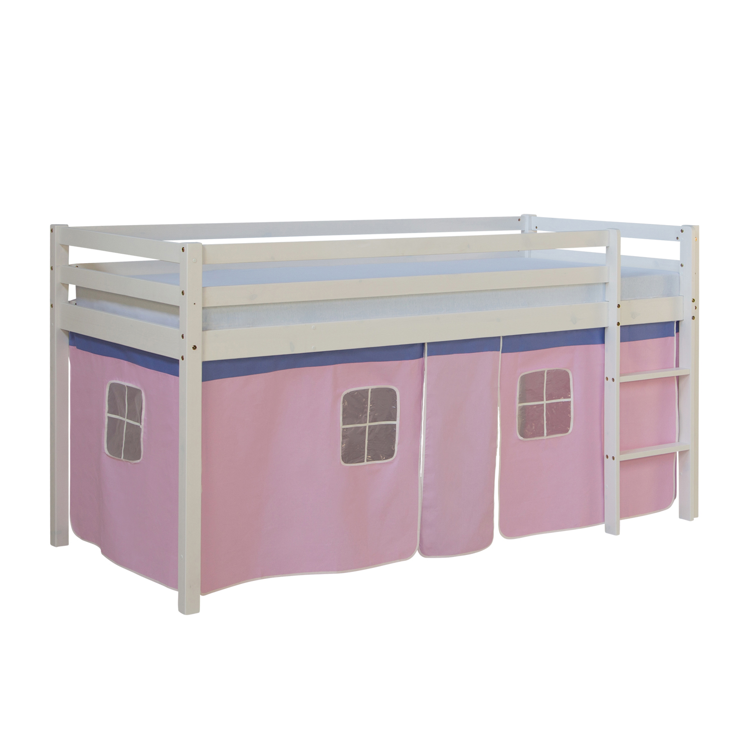 Loftbed 90x200 cm with Mattress Bunk bed Childrens bed Solid Pine Wood Slats Curtain Pink