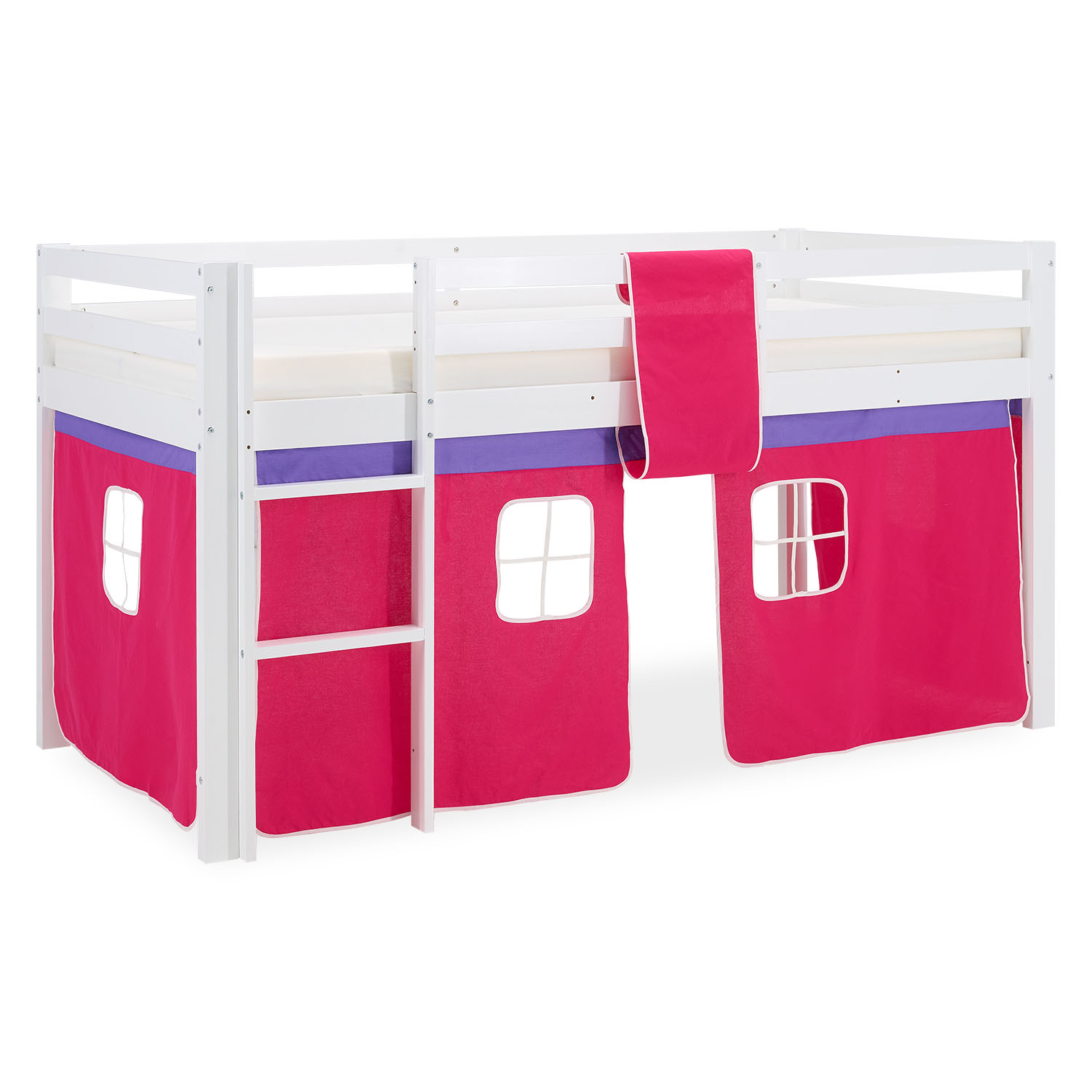 Loftbed 90x200 cm with Mattress Bunk bed Childrens bed Solid Pine Wood Slats Curtain Pink