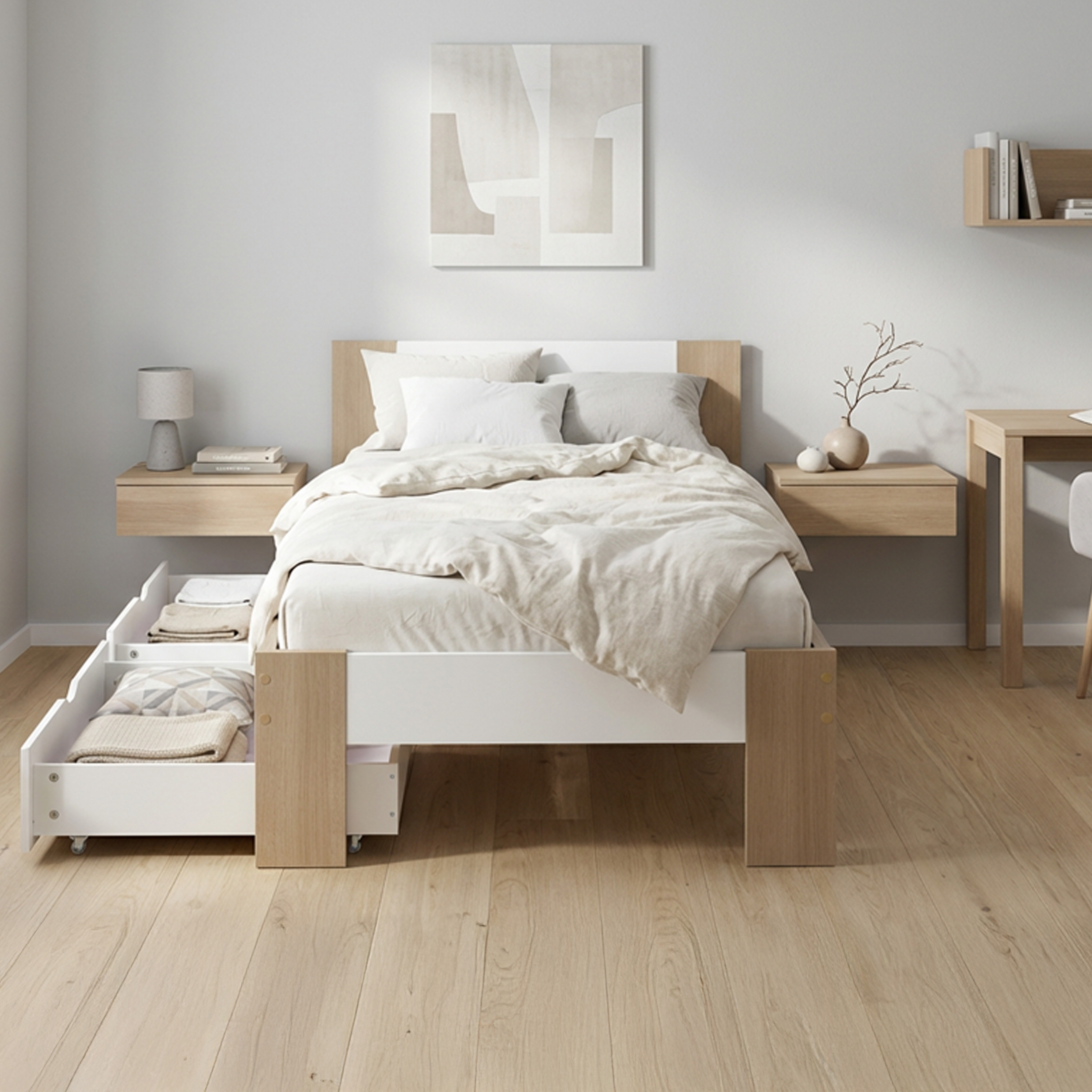 Holzbett 90x200 cm Braun Weiß – Massives Einzelbett mit Matratze 2 Bettkästen für Kinder-, Jugend- & Gästezimmer
