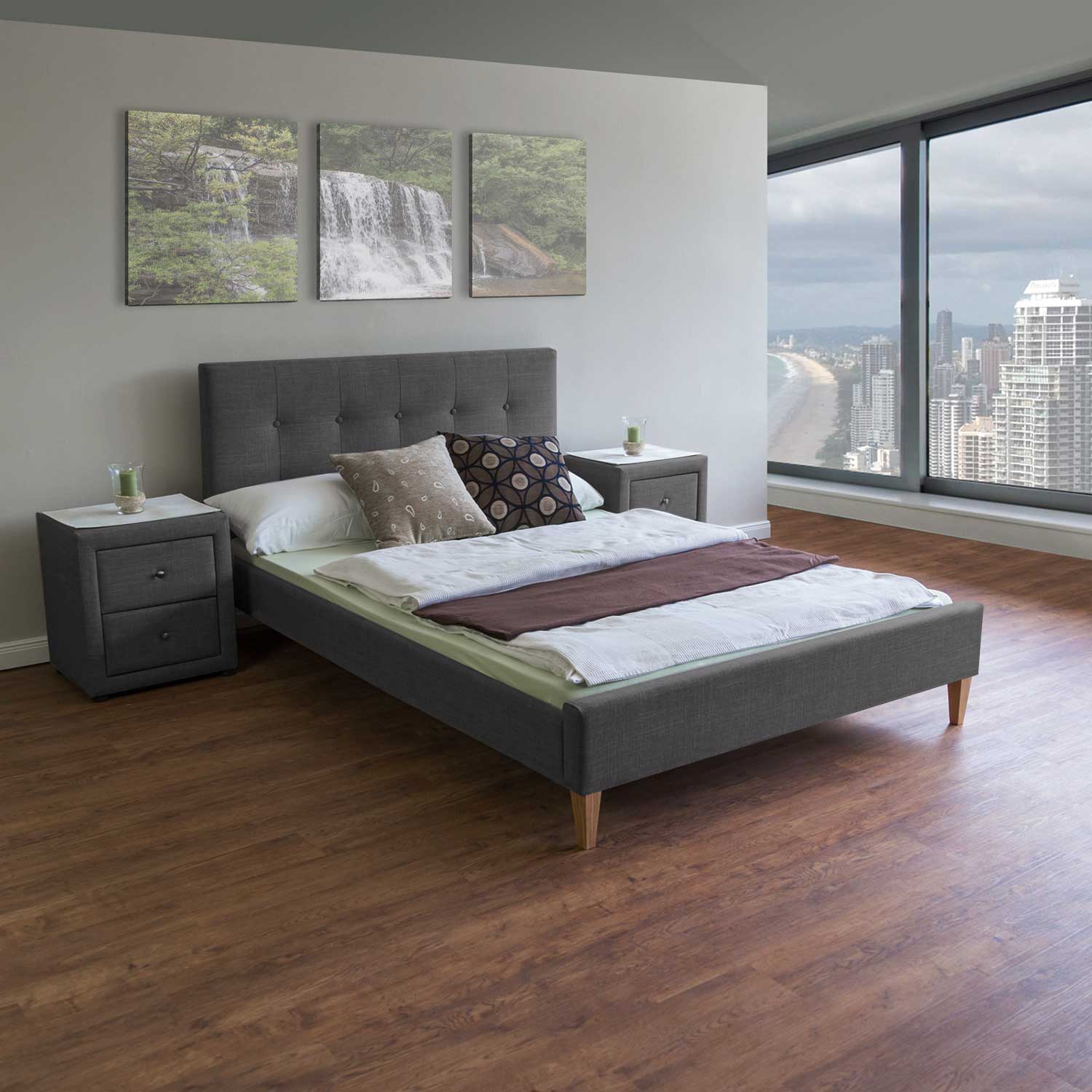 Upholstered bed 180x200 cm grey | with slatted frame | double fabric bed frame