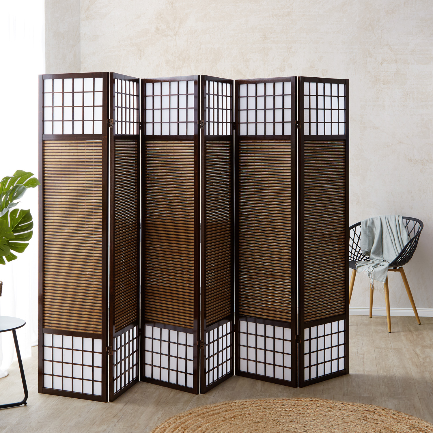 Paravent Brown Bamboo Shoji Rice Paper White | 6-panel | Wood | Room Divider Partition Privacy Screen