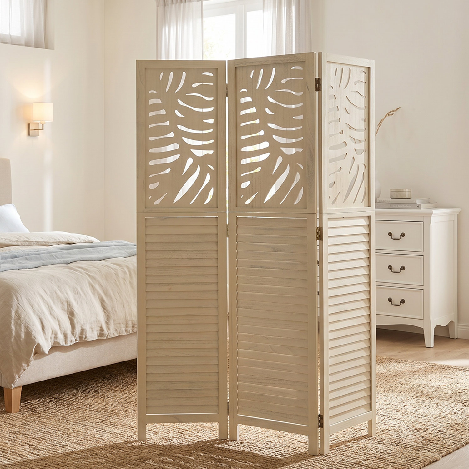 3-Panel "Natur" Folding Screen – Wooden Room Divider with Rattan Look & Pattern