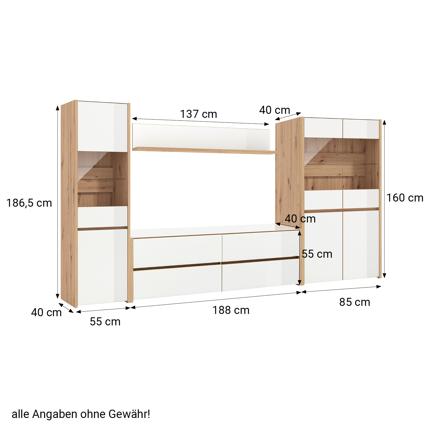 Wohnwand Schrankwand Anbauwand Wohnzimmer-Set 4 tlg. Modern Eiche Holz Glas Weiß Hochglanz