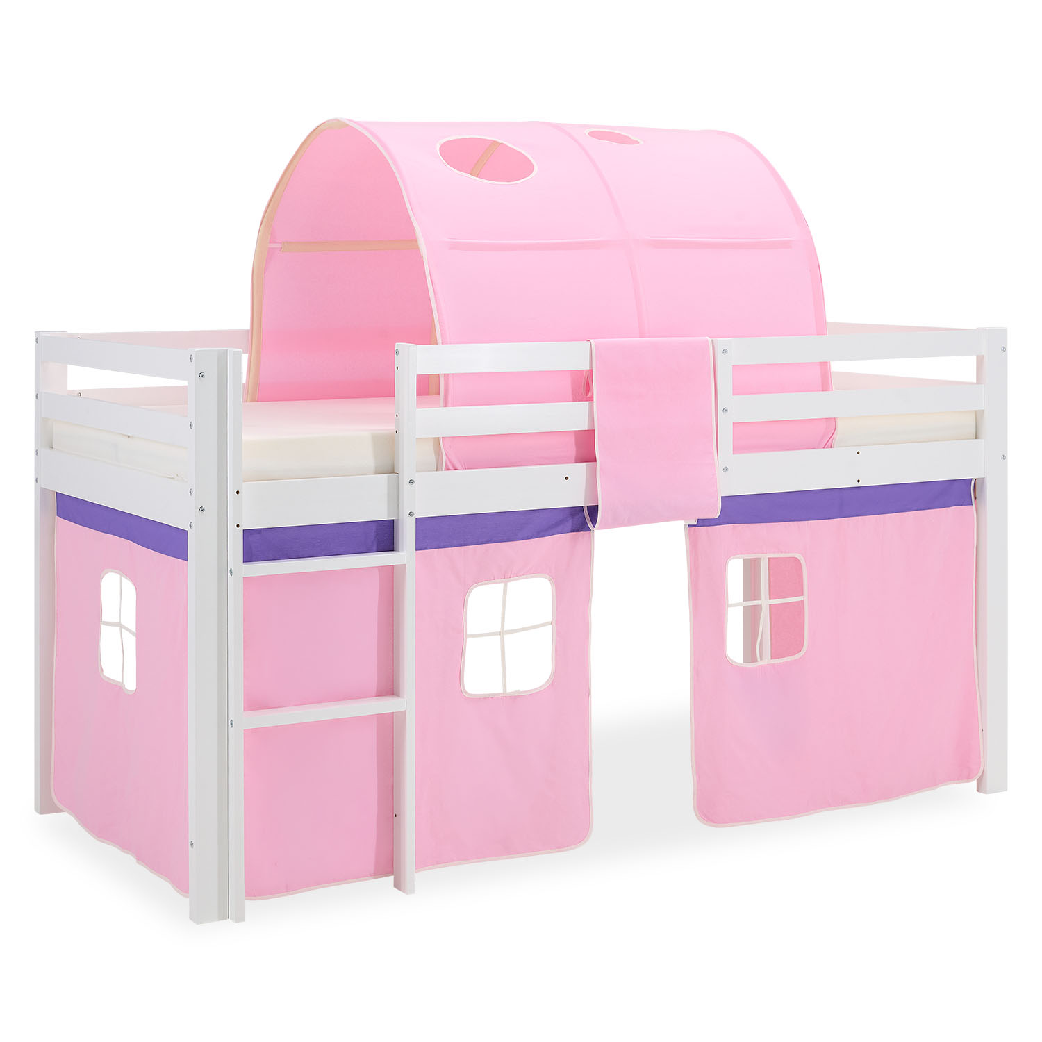 Loftbed 90x200 cm Bunk bed Childrens bed Solid Pine Wood Tower Tunnel Curtain Pink Slide Mattress Slats