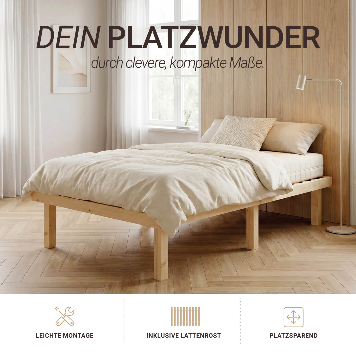 Bed frame 90x200 cm Wooden bed Untreated Single bed Solid wood Bed without headboard Guest bed Youth bed Mattress Slatted frame