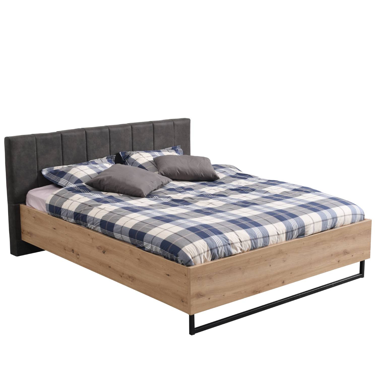 Wooden bed with upholstered headboard 180x200 cm oak und grey | with slatted frame | double fabric bed | industrial style