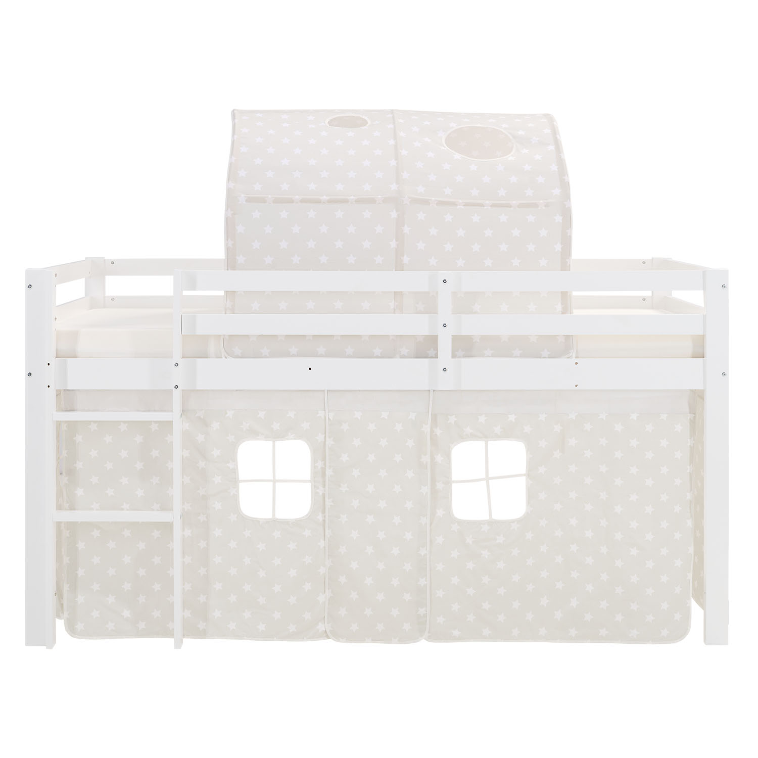 Children's Loft Bed 90x200 cm White with Star Curtain | Tower | with Slatted Base