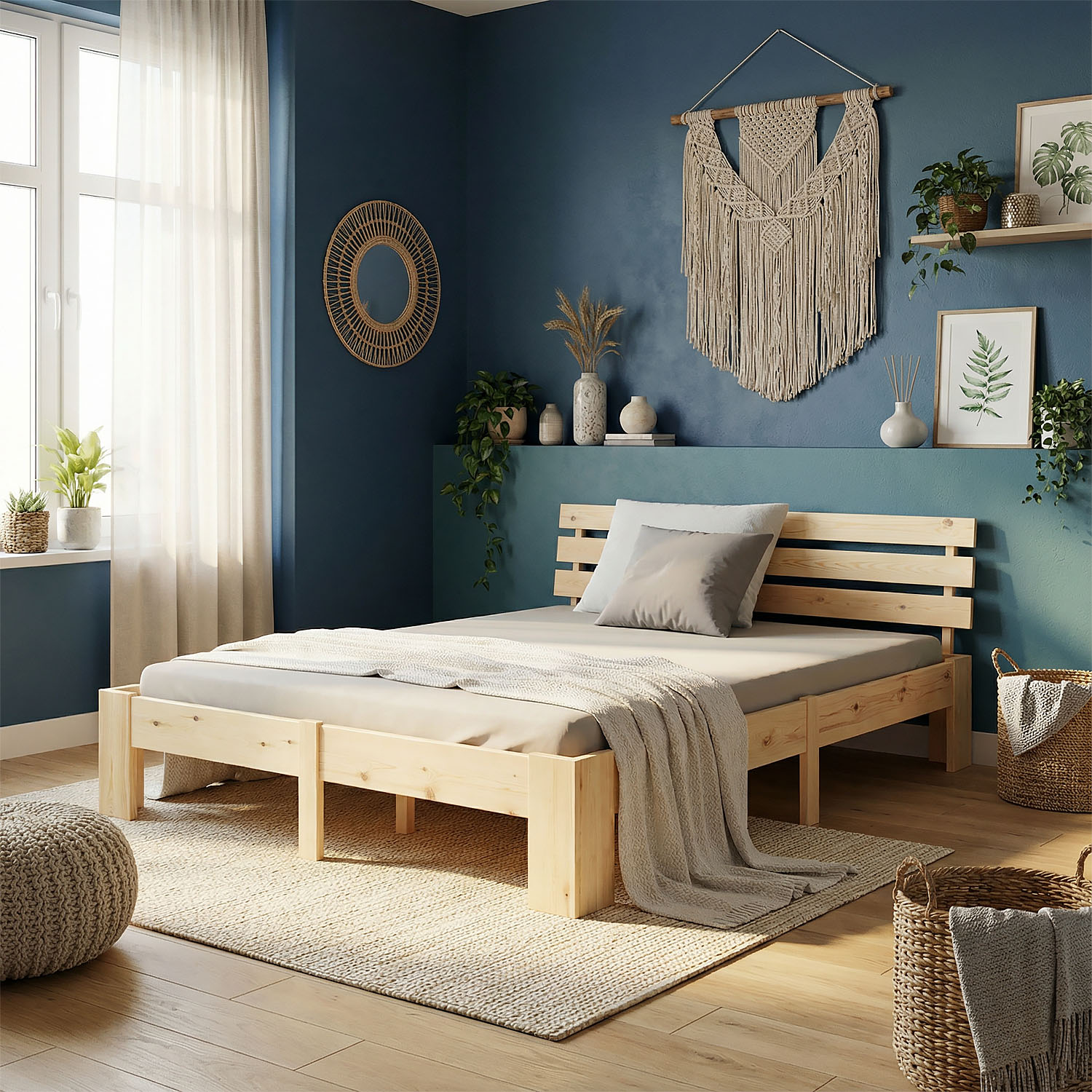 Wood Bed 180x200 cm Natural | Double Bed | with 2 Mattress | Solid | Kids Youth Guest Bedroom