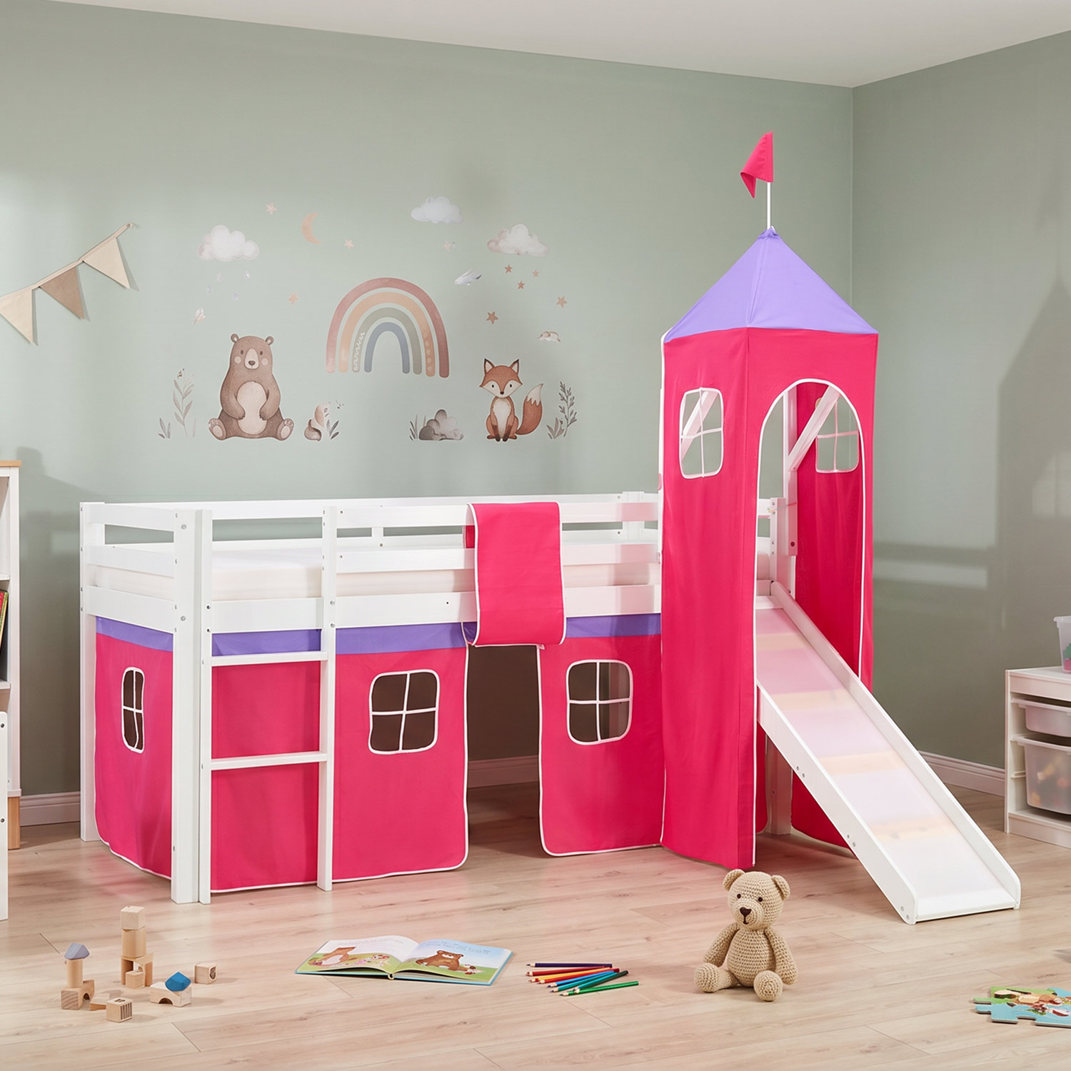 Children's Loft Bed 90x200 cm White with Pink Curtain | Tower | Slide | Includes Slatted Base | Includes Mattress