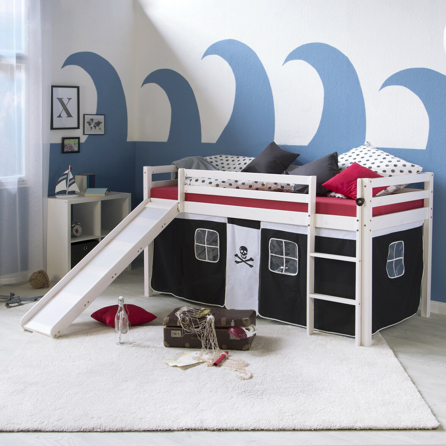 Loft Bed Kids 90x200 cm White with Curtain in Black | Slide | without Slatted Frame