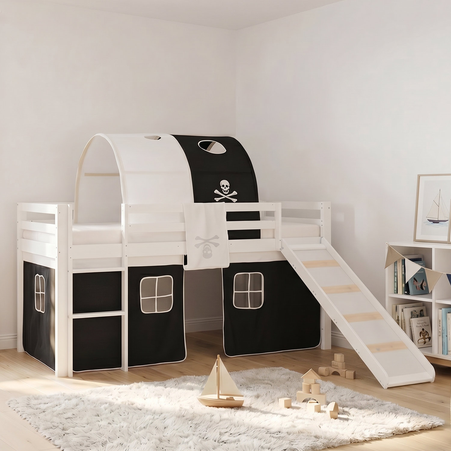 Children's Loft Bed 90x200 cm, White with Black Curtain | Tunnel | Slide | Includes Slatted Base