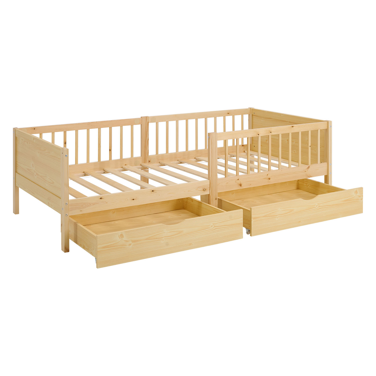 Children's Bed 90x200 cm Natural | Wooden bed with mattress | Single Bed | 2 drawers | Fall Protection