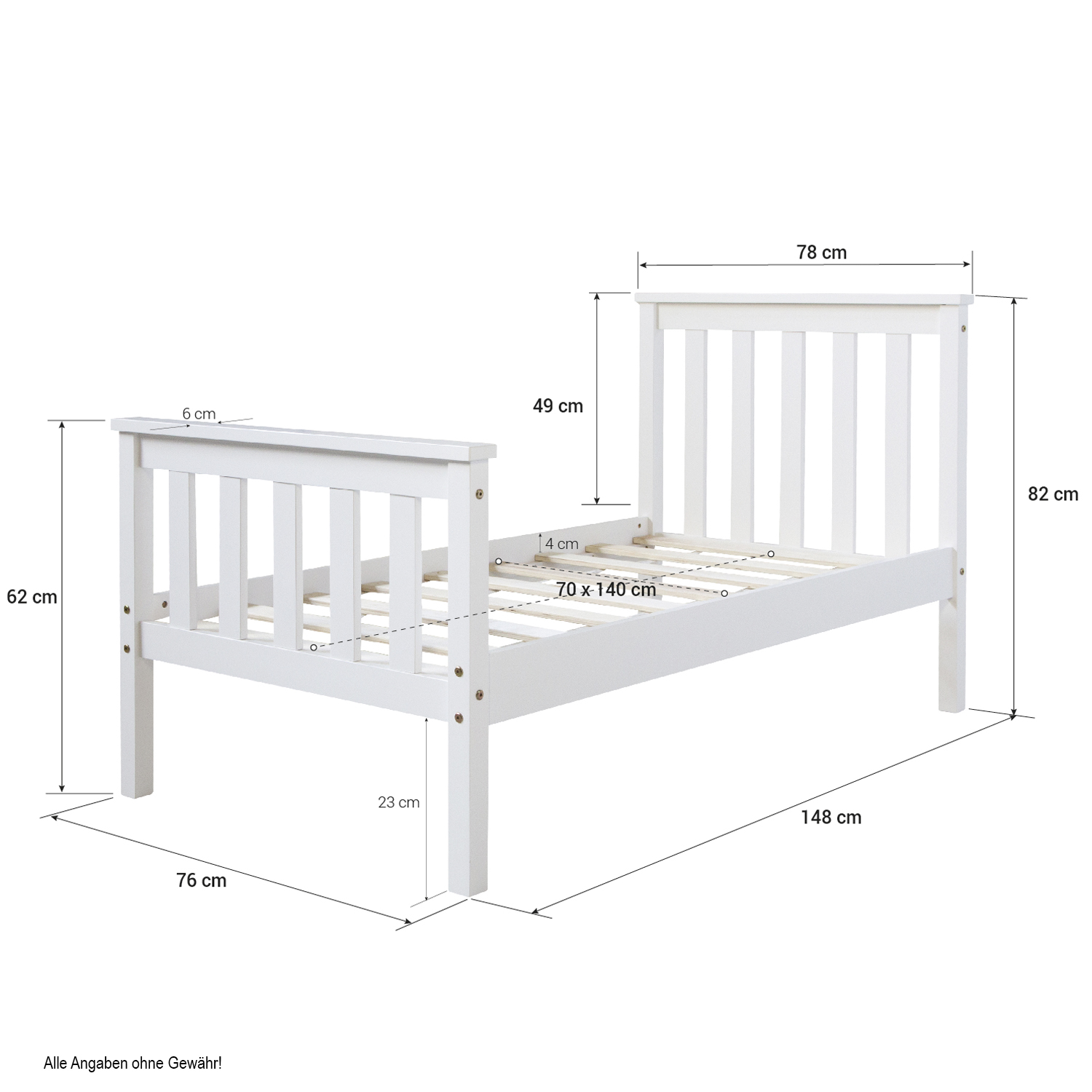 Children's Bed 70x140 cm White | Single Bed | with Slatted Frame | Wood