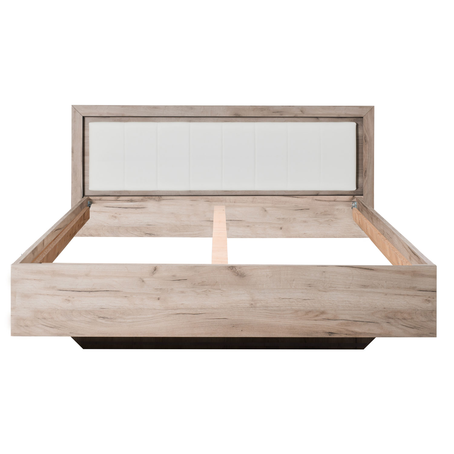 Wooden bed with upholstered headboard 160x200 cm oak und Leder Weiß | with 2 slatted frames | double fabric bed