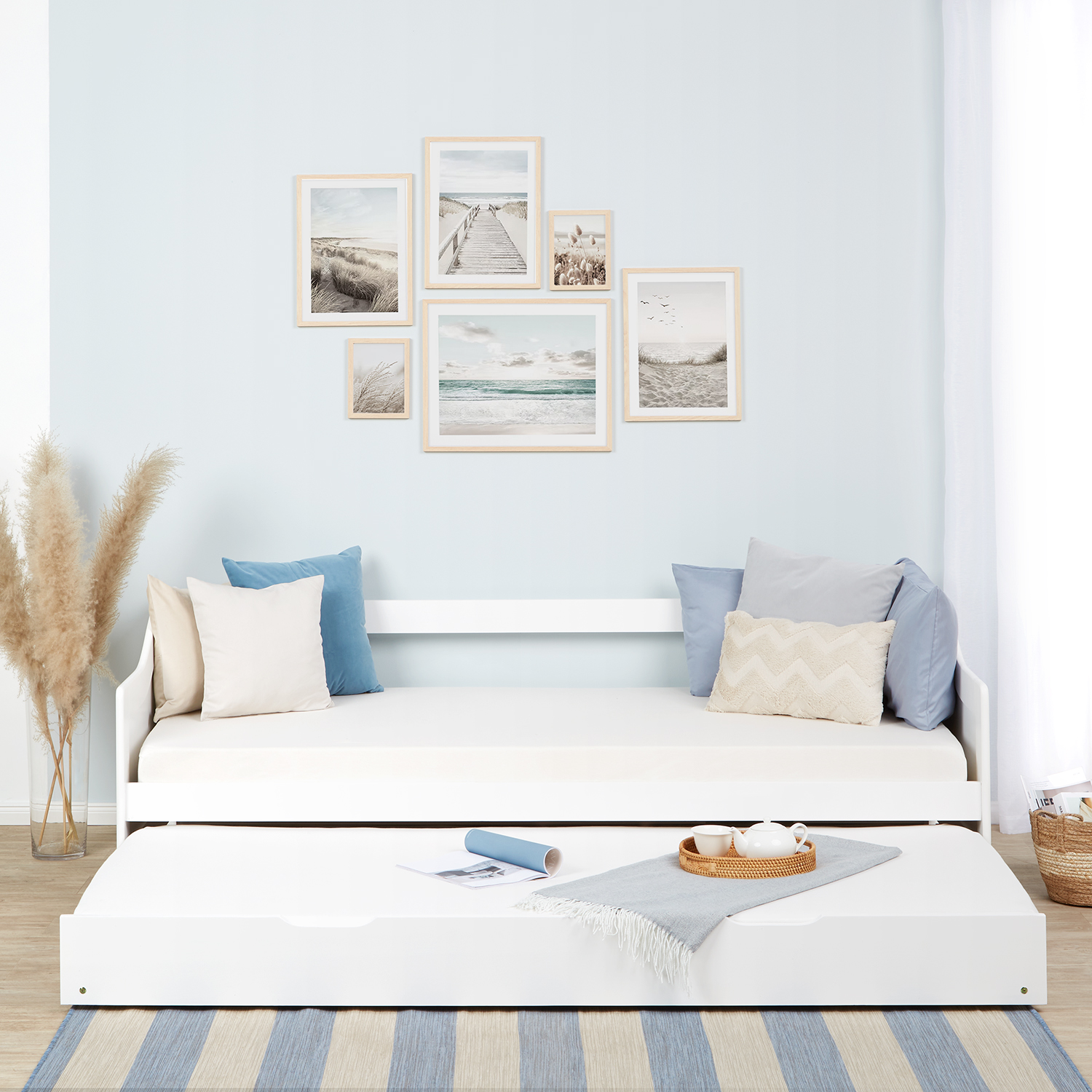 Guest bed Wooden bed 90x200 cm White Gray Natural Daybed Pull-out bed Youth bed Pull-out bed Functional bed 2 mattresses