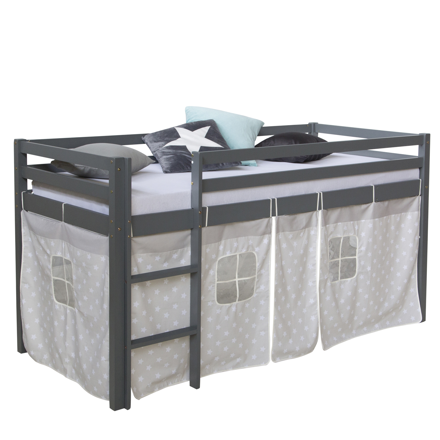 Loftbed 90x200 cm Grey Bunk bed Childrens bed Solid Pine Wood Tower Tunnel Curtain Stars Slide Mattress Slats