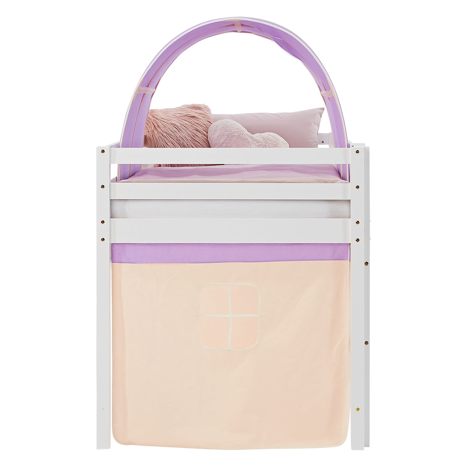 Children's Loft Bed 90x200 cm, White with Purple-Beige Curtain | Tunnel | Without Slatted Base