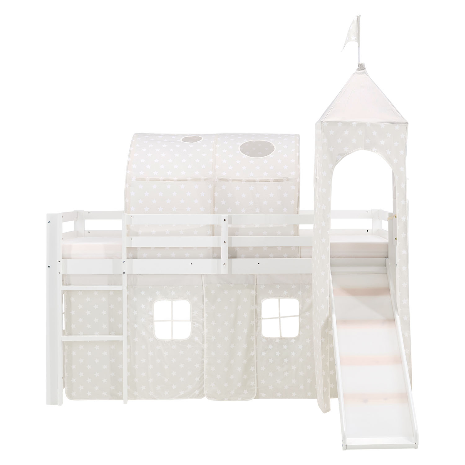 Children's Loft Bed 90x200 cm White with Star Curtain | Tunnel | Tower | Slide | Includes Slatted Base | Includes Mattress