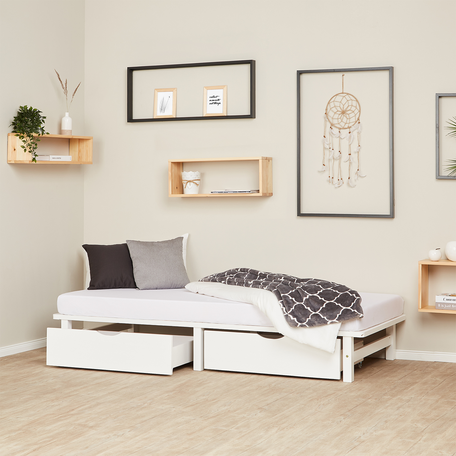 Pallet Bed 90x200 cm White | Single Bed with Storage Drawers | with Slatted Frame | Wood | Kids Youth Guest Bedroom