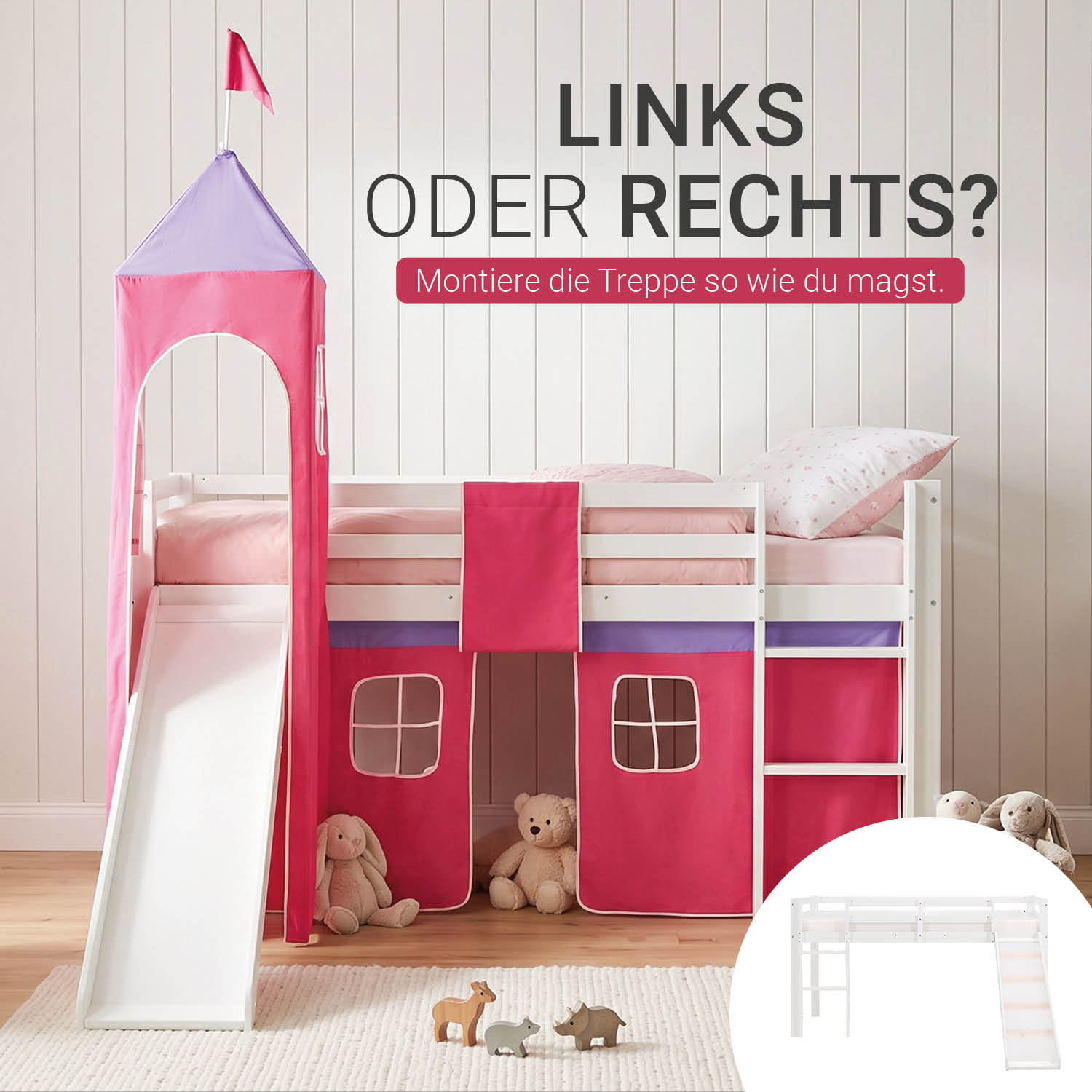 Children's Loft Bed 90x200 cm White with Pink Curtain | Tower | Slide | Includes Slatted Base | Includes Mattress