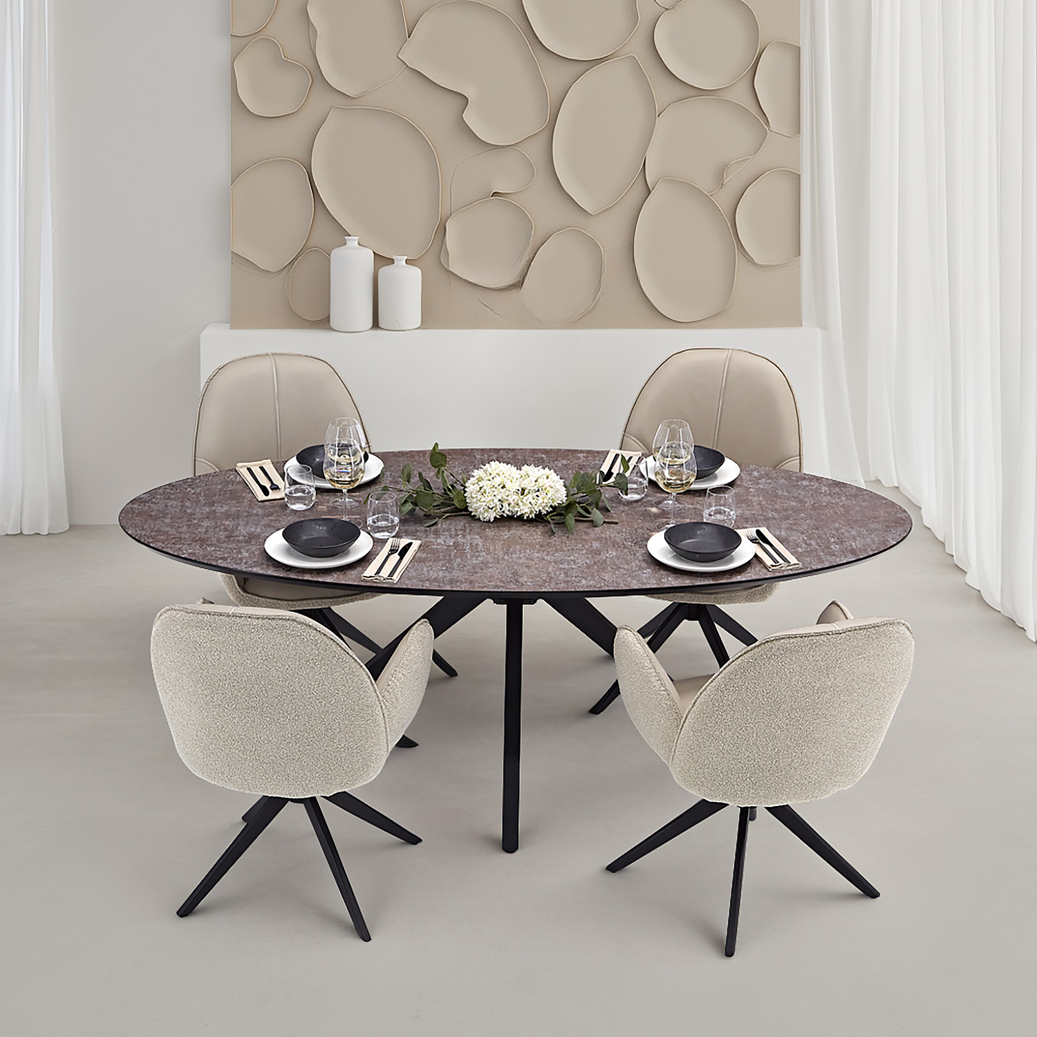 Dining set | 4-piece set upholstered chairs beige bouclé Leder with armrest | swivel | dining table brown metal frame oval 200 cm