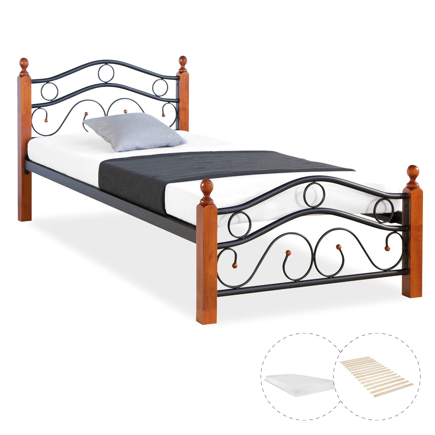Metal Bed with Mattress Slatted Frame 90x200 cm Bedstead Black Brown Wood Single Daybed